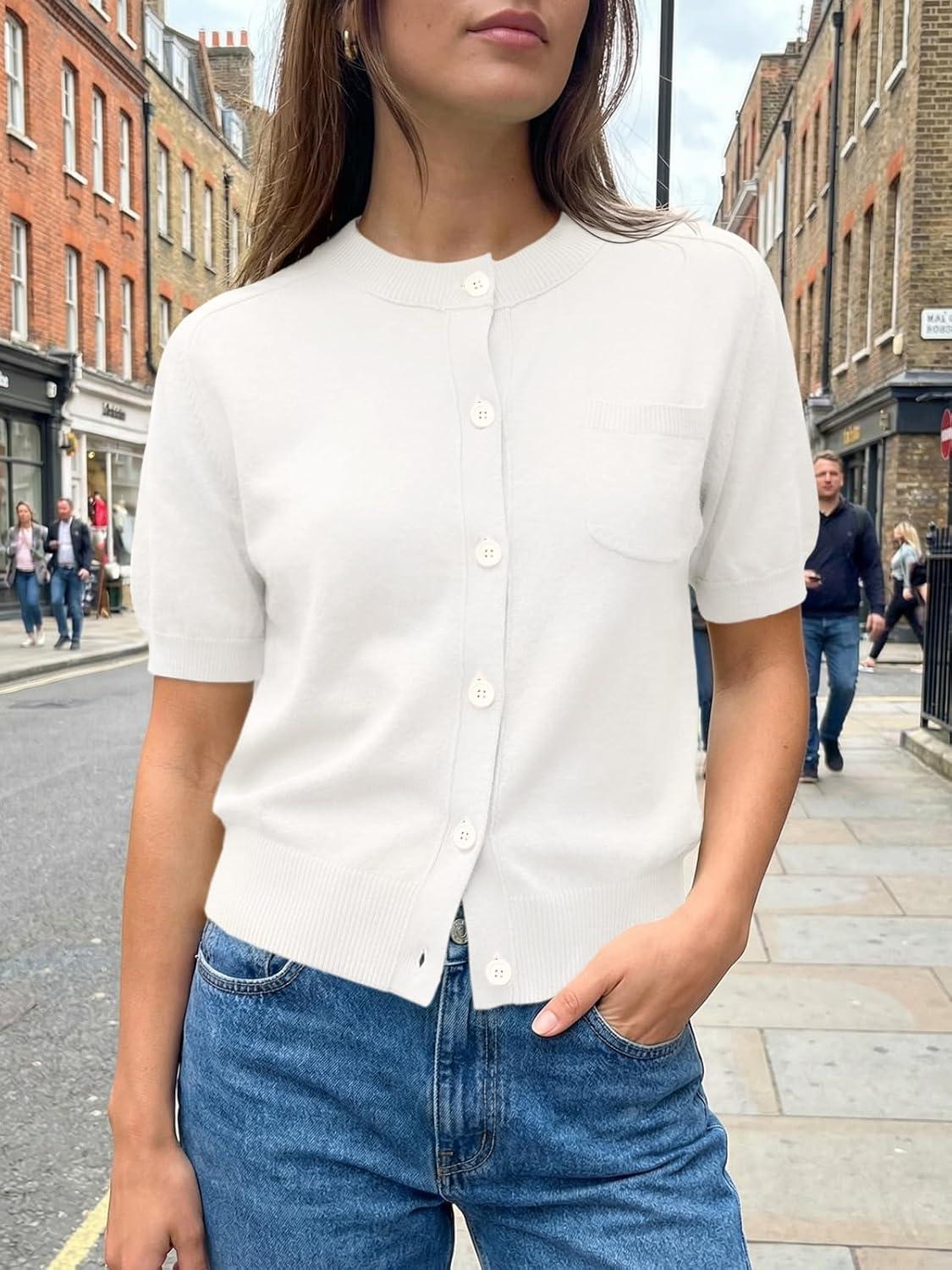 image:imageSaodimallsu Womens Puff Short Sleeve Cardigans Crew Neck Button Down Lightweight Casual Summer Knit Sweater TopsWhite