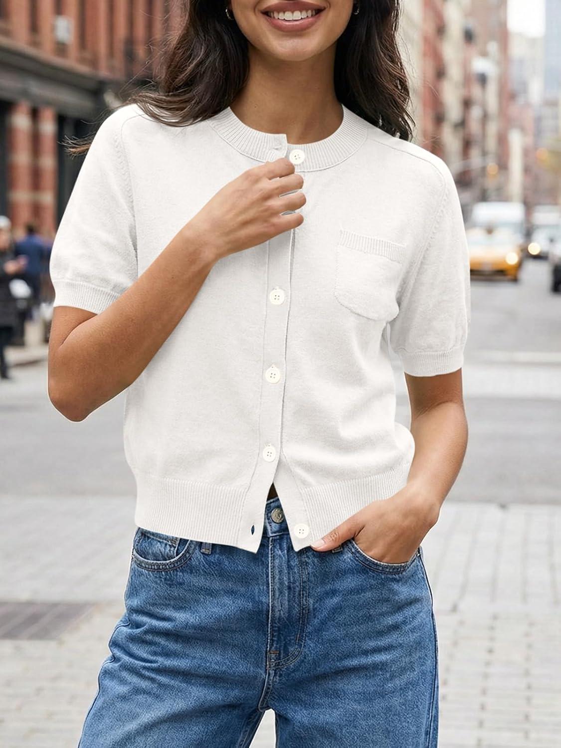 image:imageSaodimallsu Womens Puff Short Sleeve Cardigans Crew Neck Button Down Lightweight Casual Summer Knit Sweater TopsWhite