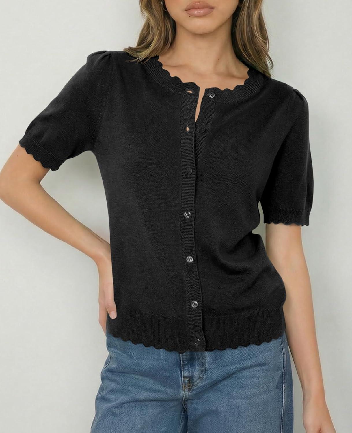 image:imageSaodimallsu Womens Puff Short Sleeve Cardigans Lightweight Button Down Shirts Crew Neck Casual Knit Sweater TopsBlack
