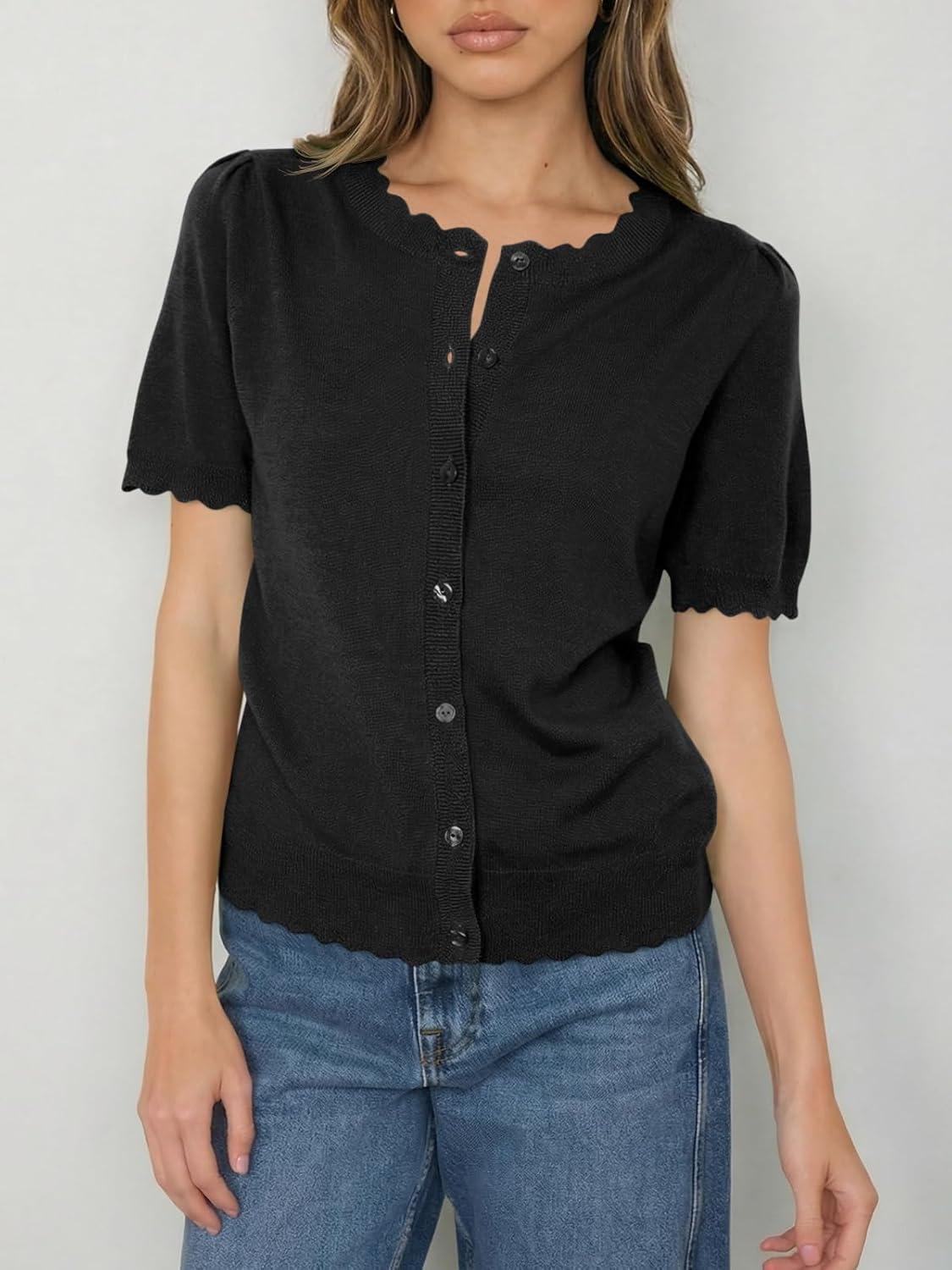 image:imageSaodimallsu Womens Puff Short Sleeve Cardigans Lightweight Button Down Shirts Crew Neck Casual Knit Sweater TopsBlack
