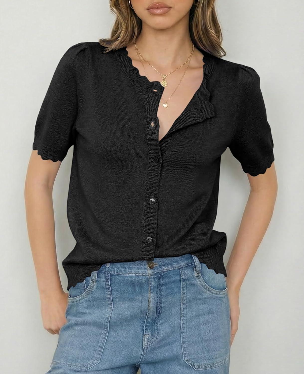 image:imageSaodimallsu Womens Puff Short Sleeve Cardigans Lightweight Button Down Shirts Crew Neck Casual Knit Sweater TopsBlack