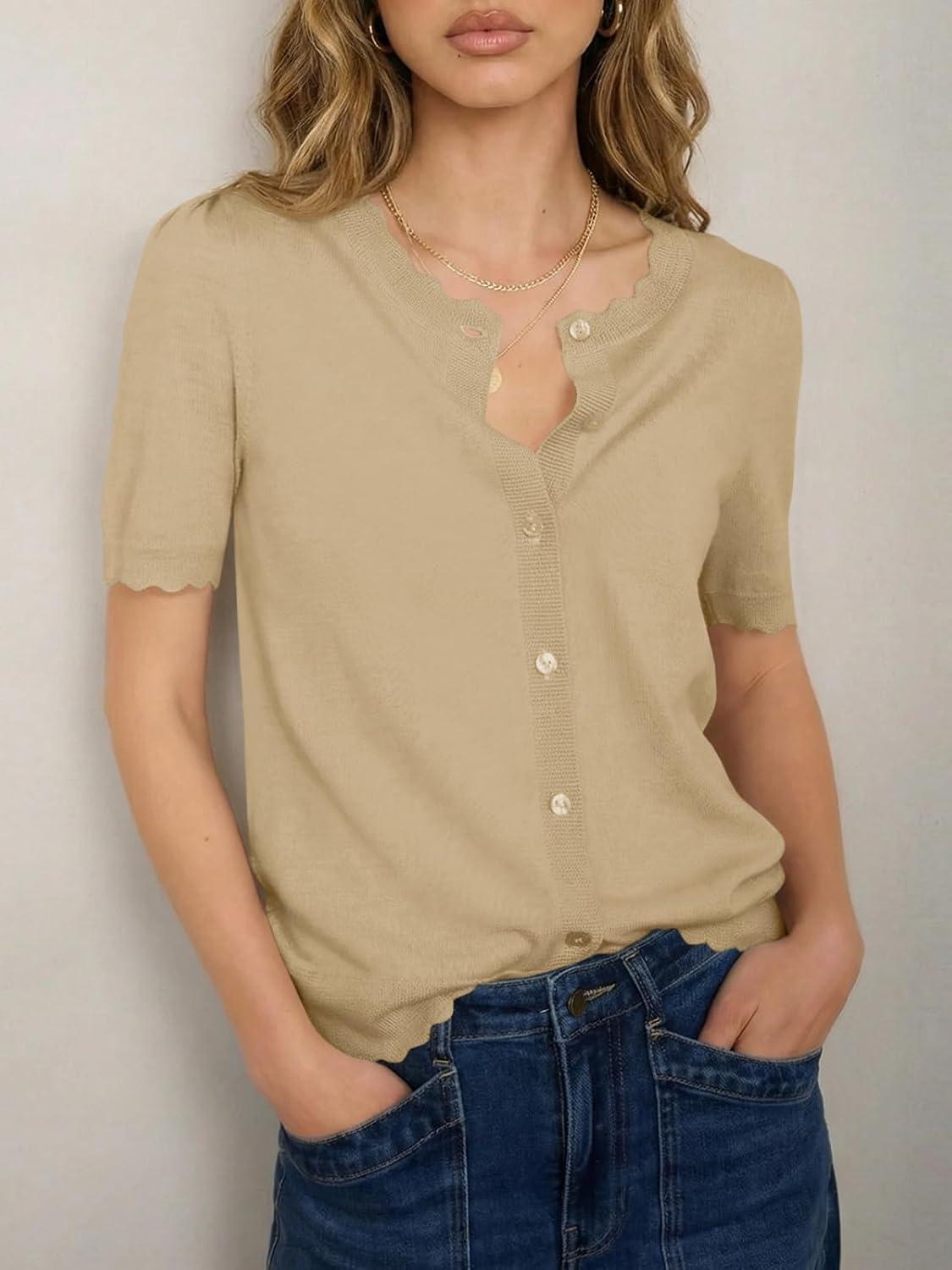 image:imageSaodimallsu Womens Puff Short Sleeve Cardigans Lightweight Button Down Shirts Crew Neck Casual Knit Sweater TopsKhaki