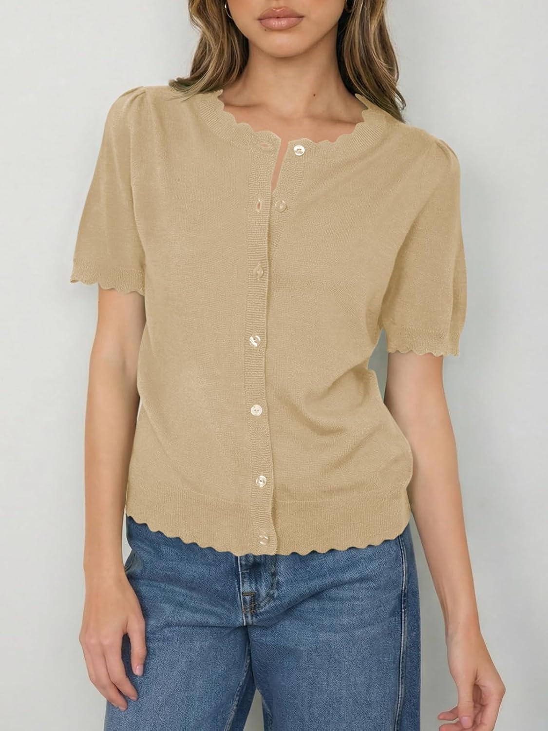 image:imageSaodimallsu Womens Puff Short Sleeve Cardigans Lightweight Button Down Shirts Crew Neck Casual Knit Sweater TopsKhaki