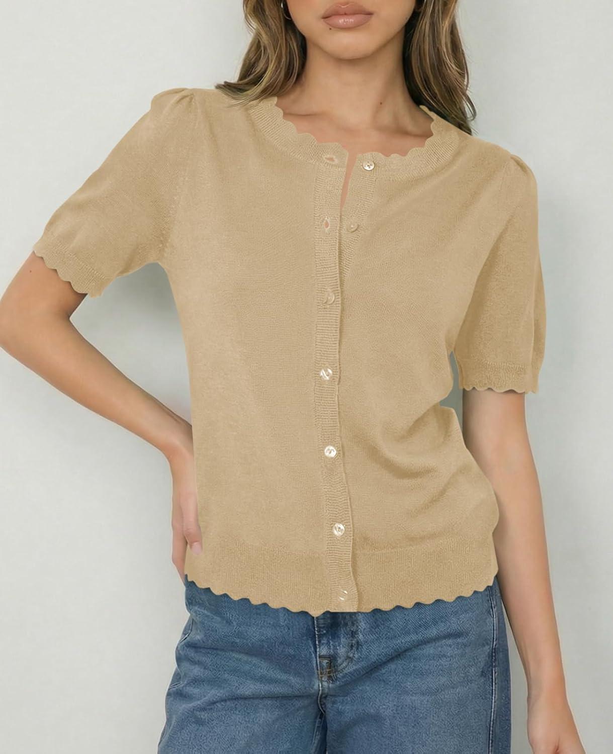 image:imageSaodimallsu Womens Puff Short Sleeve Cardigans Lightweight Button Down Shirts Crew Neck Casual Knit Sweater TopsKhaki