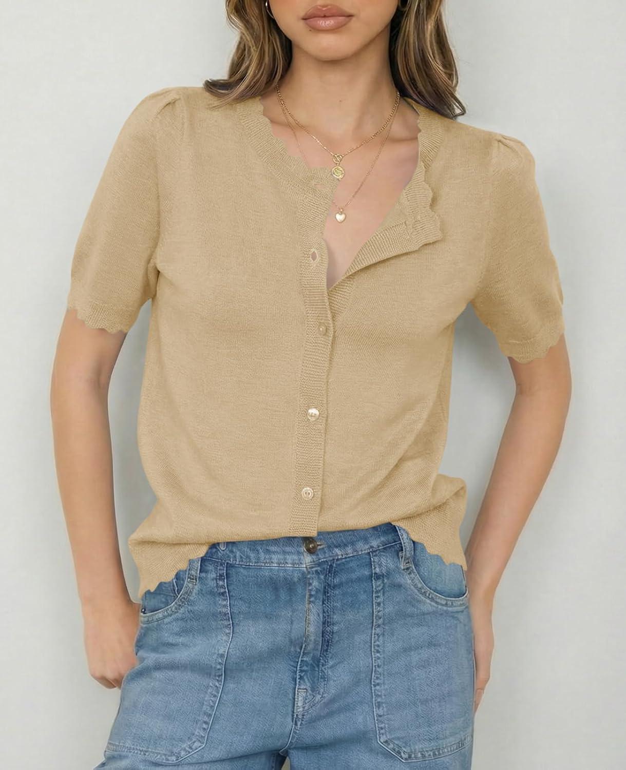 image:imageSaodimallsu Womens Puff Short Sleeve Cardigans Lightweight Button Down Shirts Crew Neck Casual Knit Sweater TopsKhaki