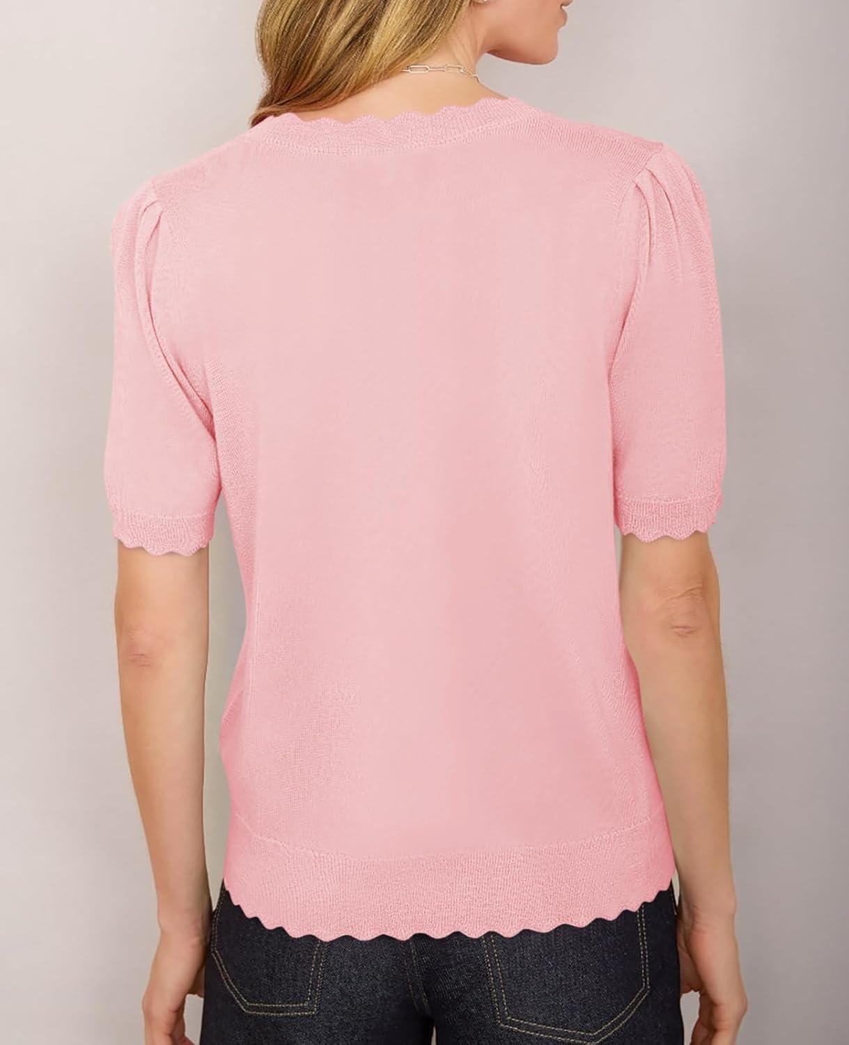 image:imageSaodimallsu Womens Puff Short Sleeve Cardigans Lightweight Button Down Shirts Crew Neck Casual Knit Sweater TopsLight Pink