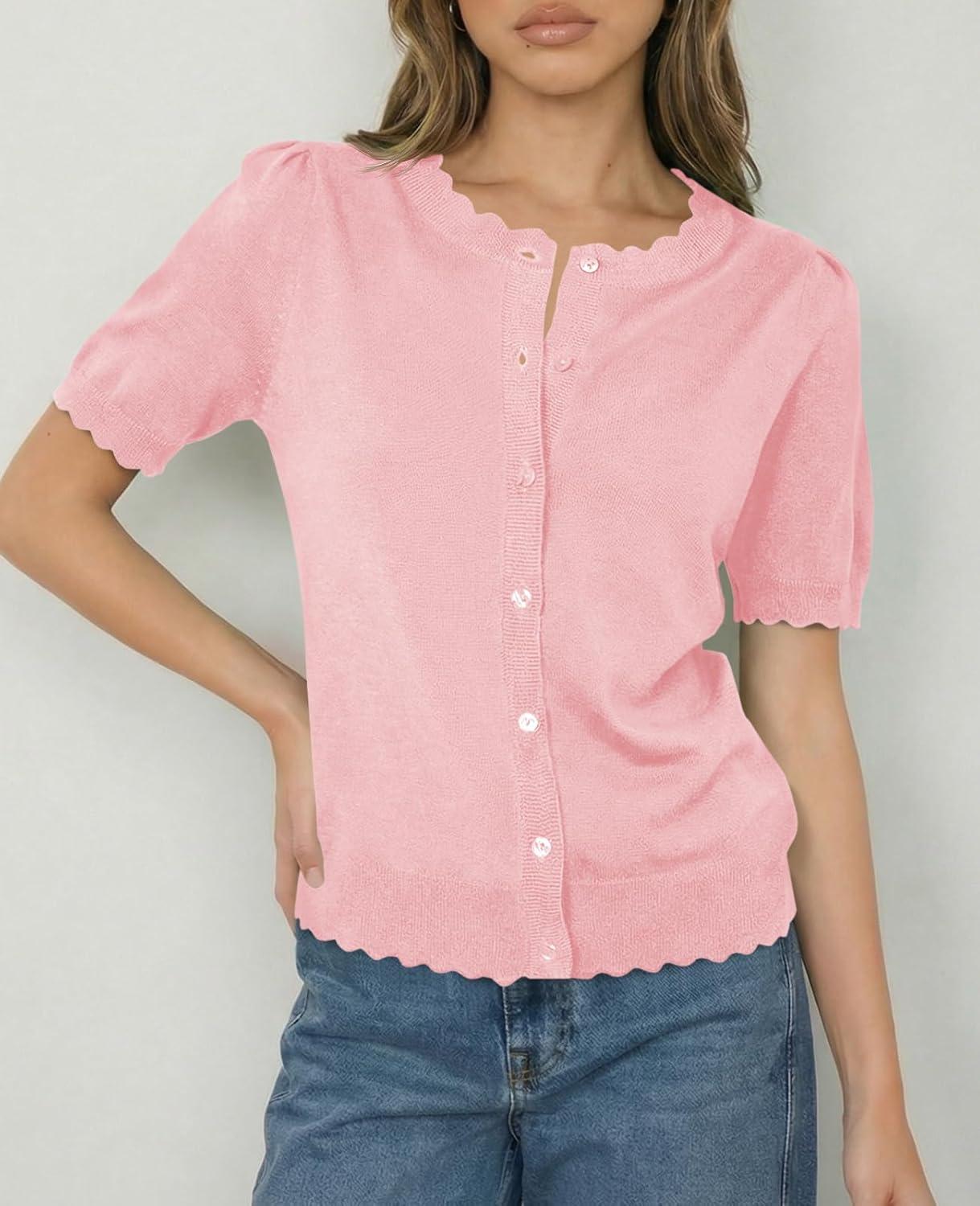 image:imageSaodimallsu Womens Puff Short Sleeve Cardigans Lightweight Button Down Shirts Crew Neck Casual Knit Sweater TopsLight Pink