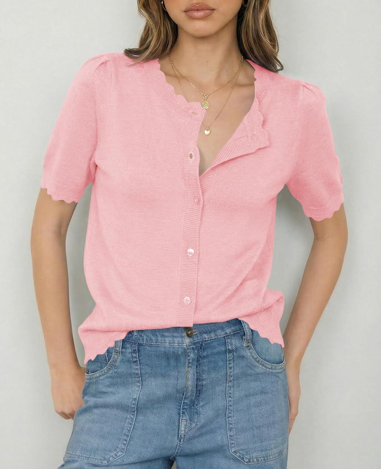 image:imageSaodimallsu Womens Puff Short Sleeve Cardigans Lightweight Button Down Shirts Crew Neck Casual Knit Sweater TopsLight Pink