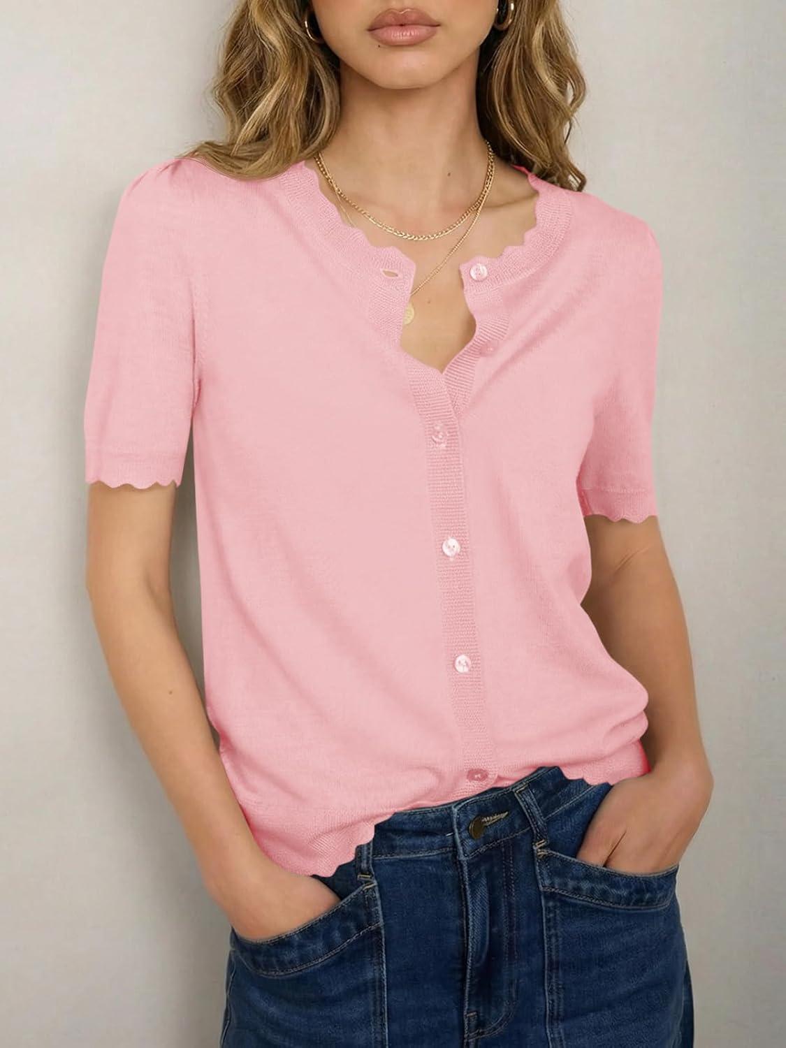 image:imageSaodimallsu Womens Puff Short Sleeve Cardigans Lightweight Button Down Shirts Crew Neck Casual Knit Sweater TopsLight Pink
