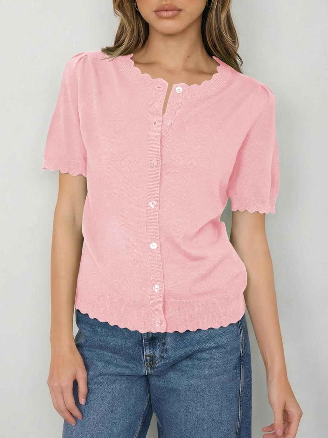 image:imageSaodimallsu Womens Puff Short Sleeve Cardigans Lightweight Button Down Shirts Crew Neck Casual Knit Sweater TopsLight Pink
