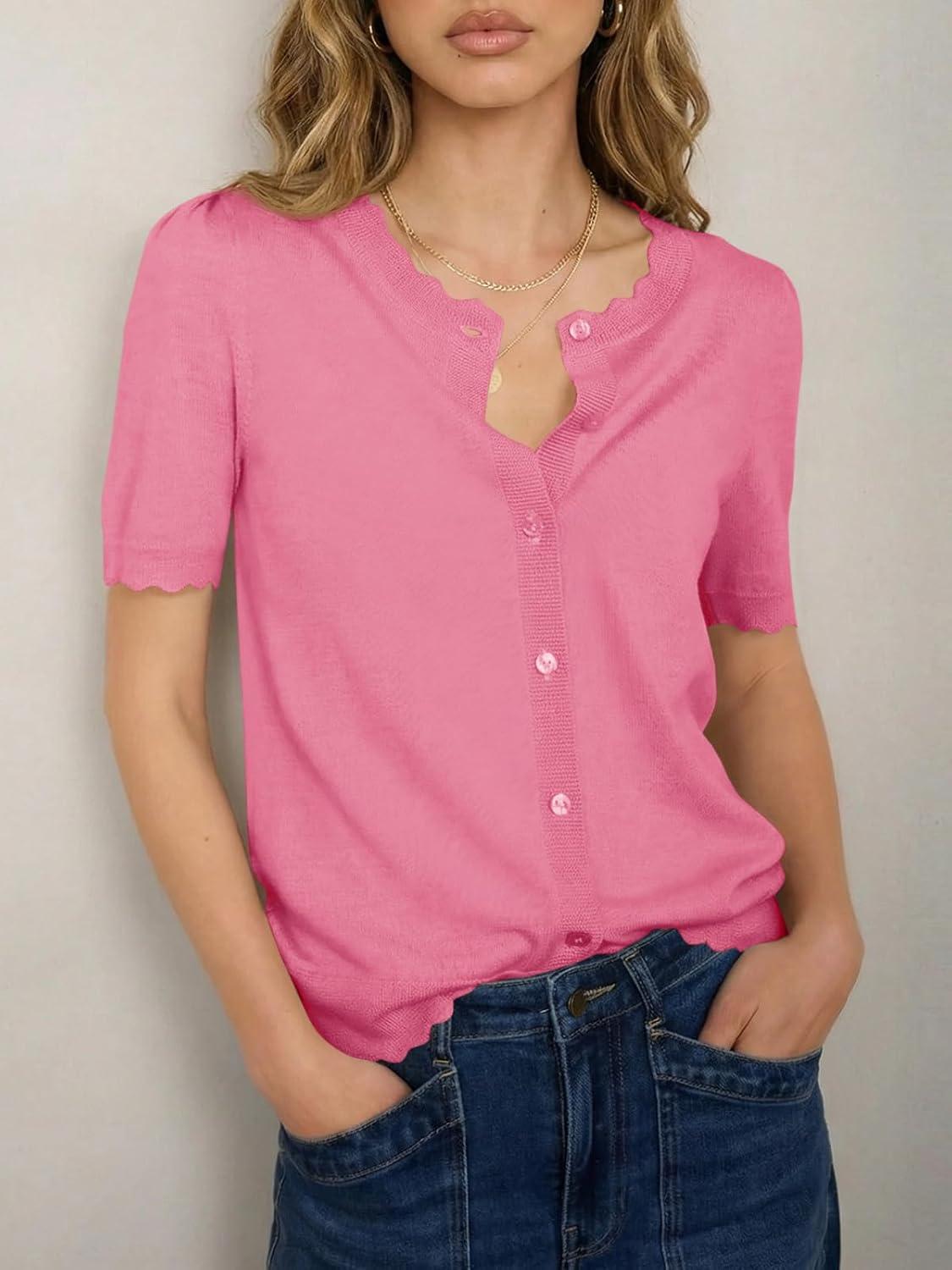 image:imageSaodimallsu Womens Puff Short Sleeve Cardigans Lightweight Button Down Shirts Crew Neck Casual Knit Sweater TopsPink