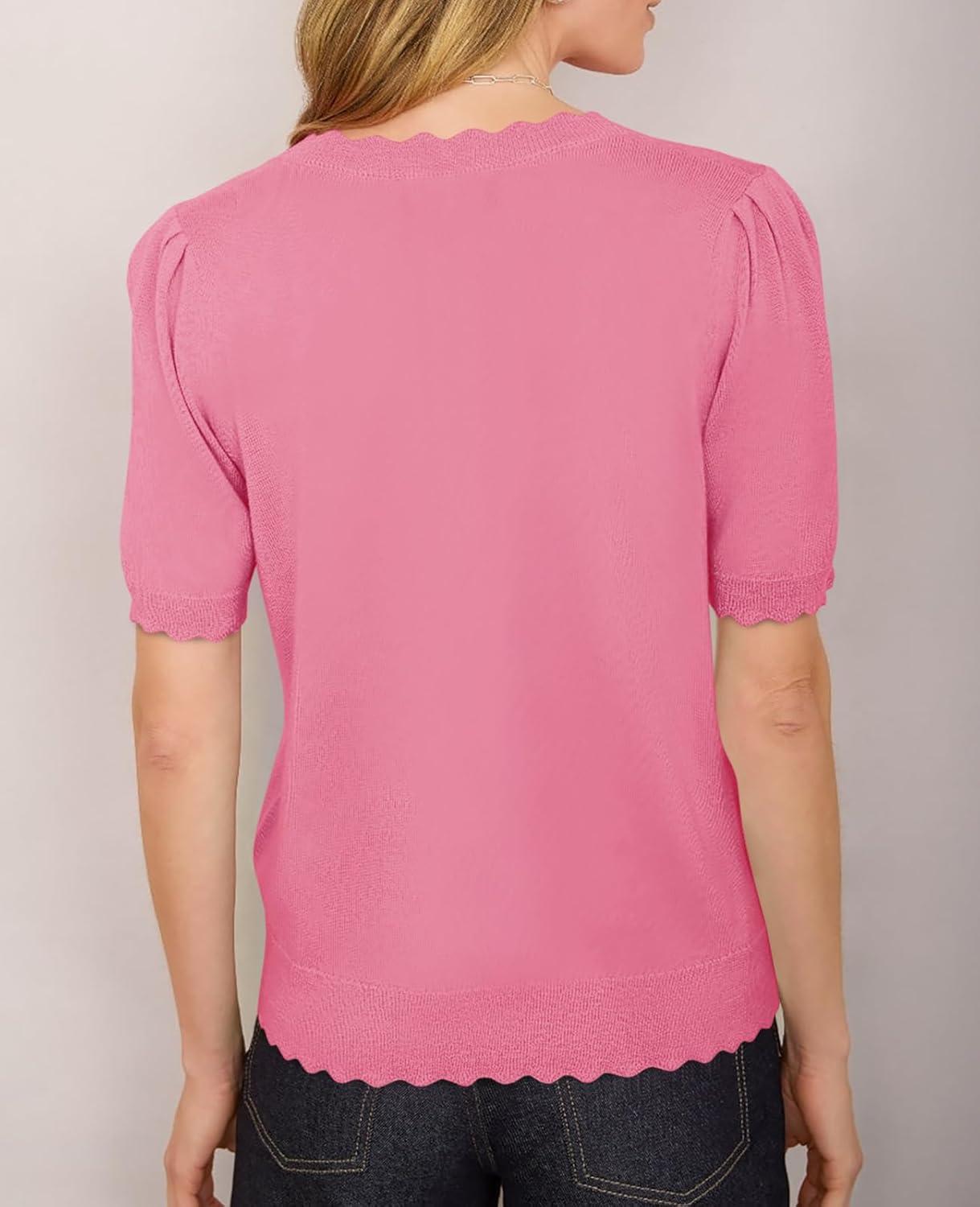 image:imageSaodimallsu Womens Puff Short Sleeve Cardigans Lightweight Button Down Shirts Crew Neck Casual Knit Sweater TopsPink