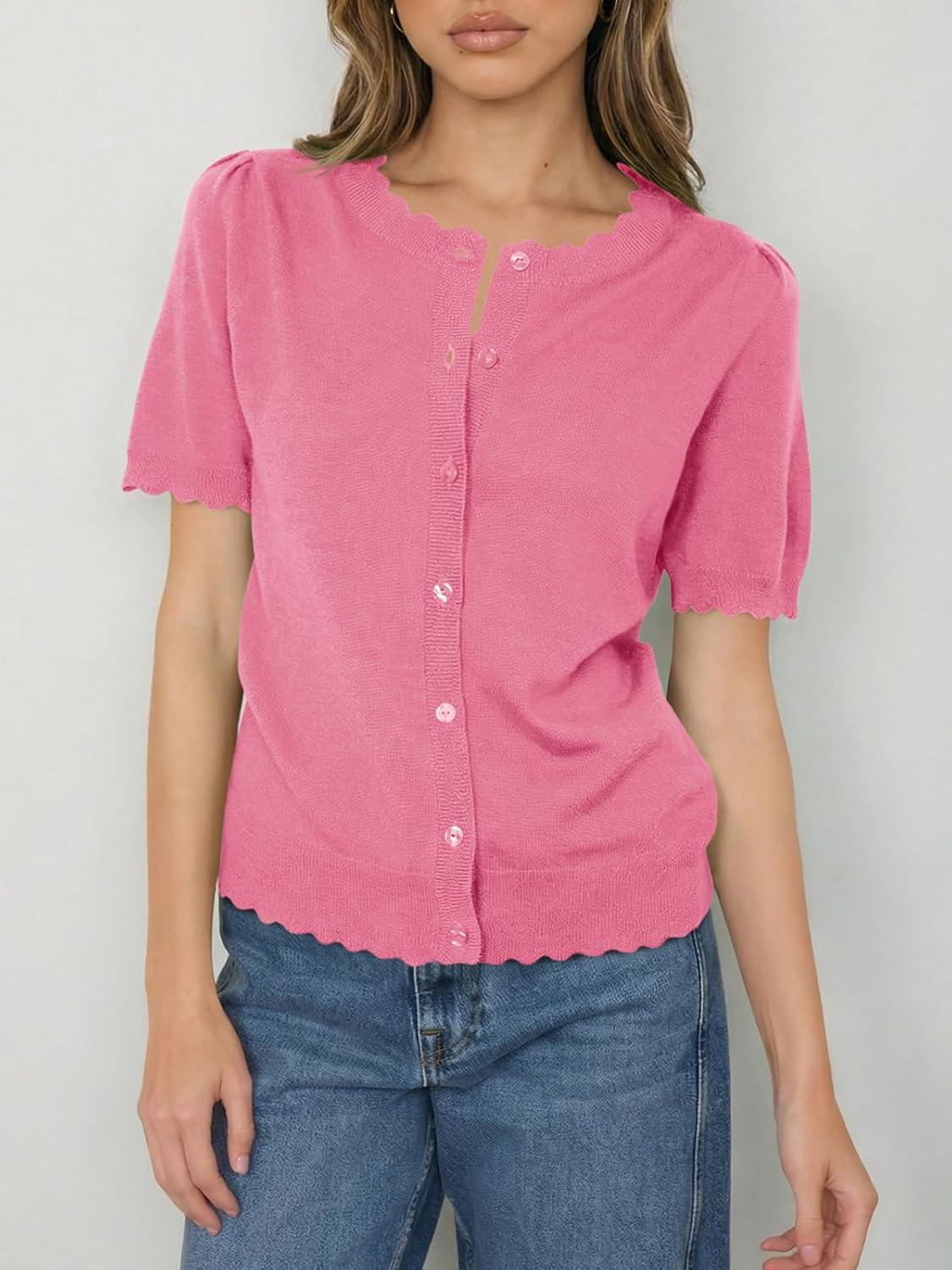 image:imageSaodimallsu Womens Puff Short Sleeve Cardigans Lightweight Button Down Shirts Crew Neck Casual Knit Sweater TopsPink