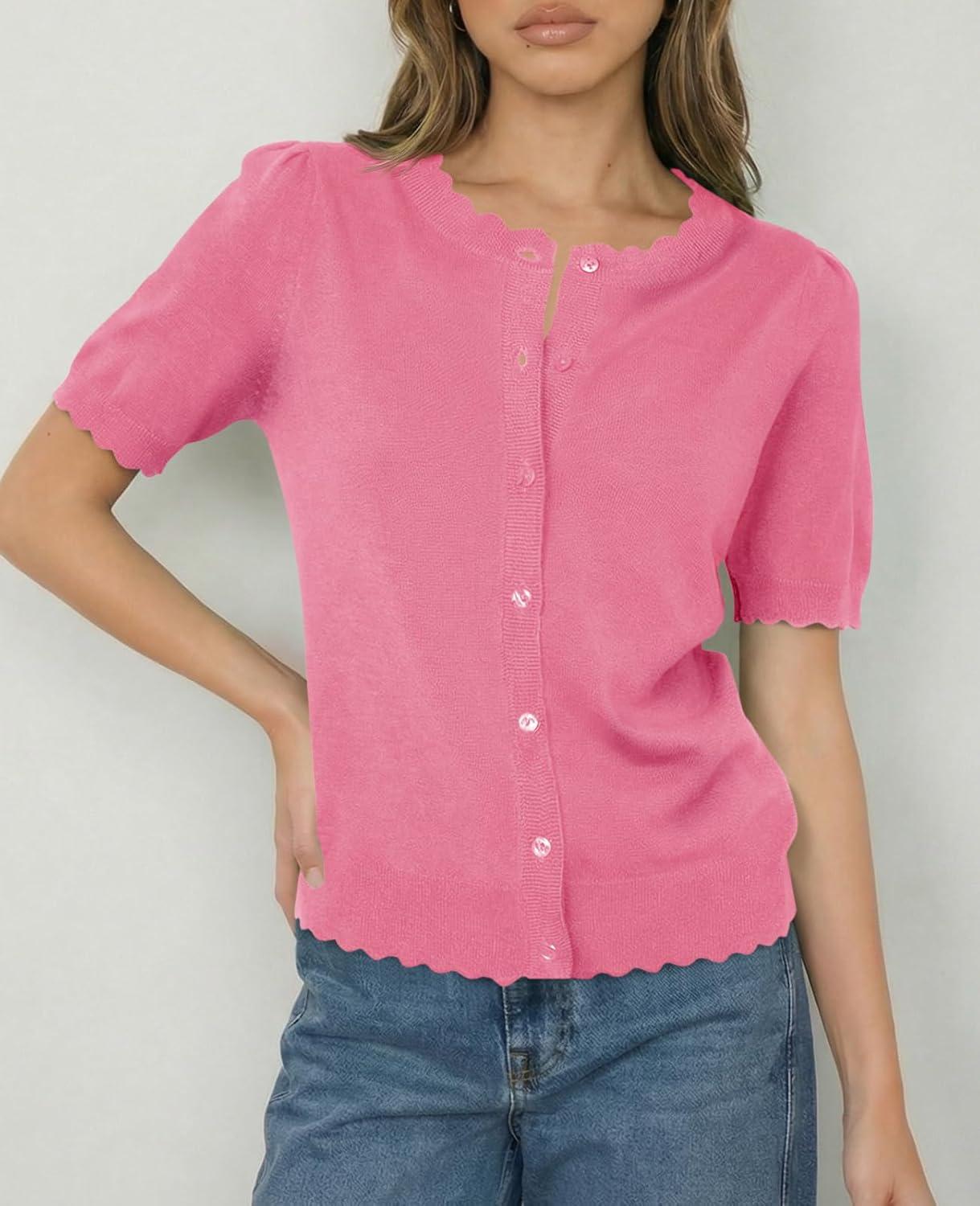 image:imageSaodimallsu Womens Puff Short Sleeve Cardigans Lightweight Button Down Shirts Crew Neck Casual Knit Sweater TopsPink