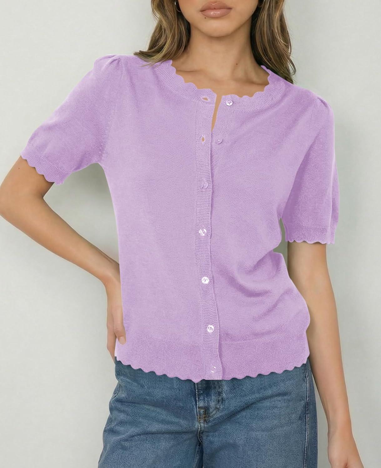 image:imageSaodimallsu Womens Puff Short Sleeve Cardigans Lightweight Button Down Shirts Crew Neck Casual Knit Sweater TopsPurple
