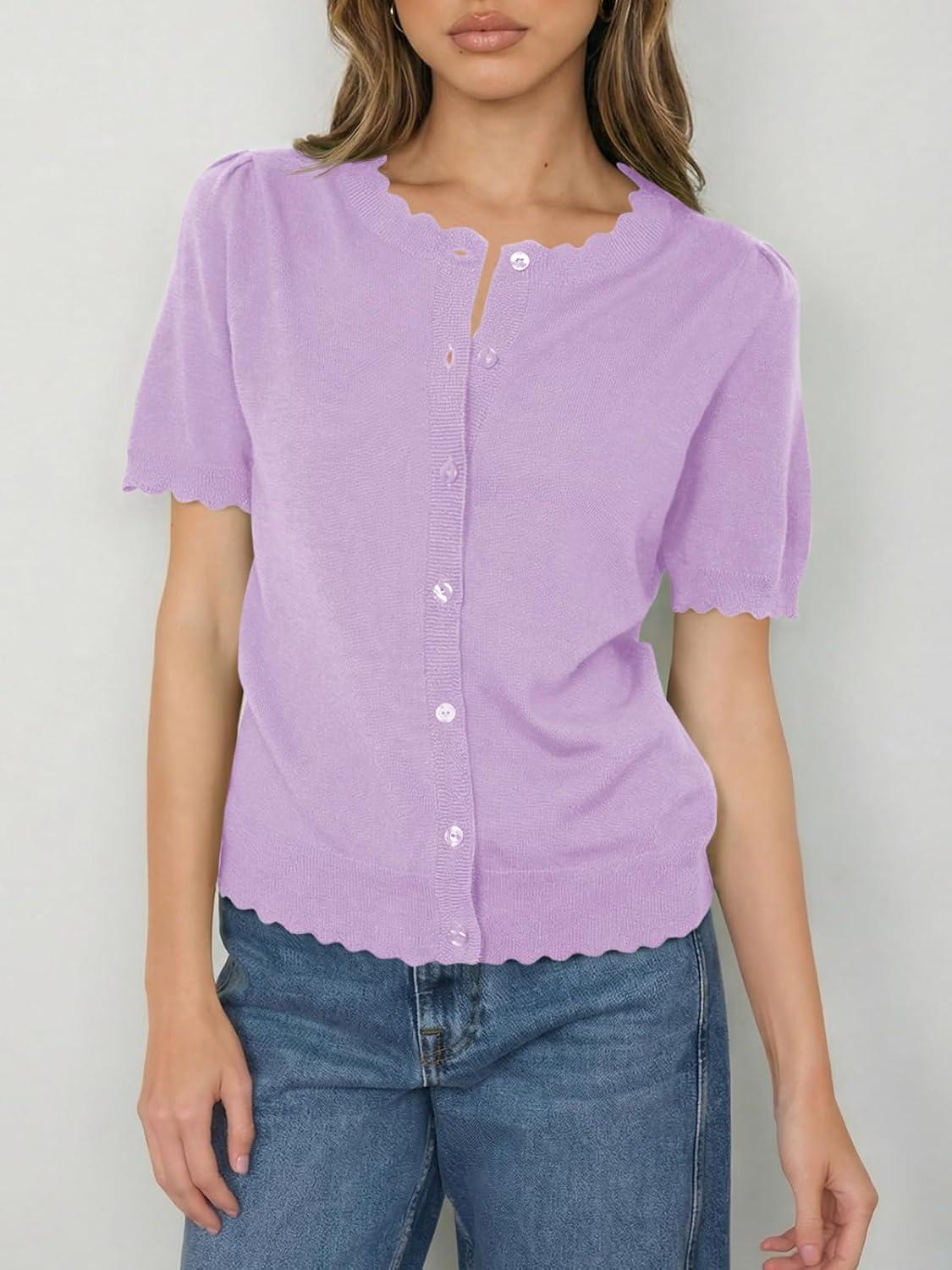 image:imageSaodimallsu Womens Puff Short Sleeve Cardigans Lightweight Button Down Shirts Crew Neck Casual Knit Sweater TopsPurple