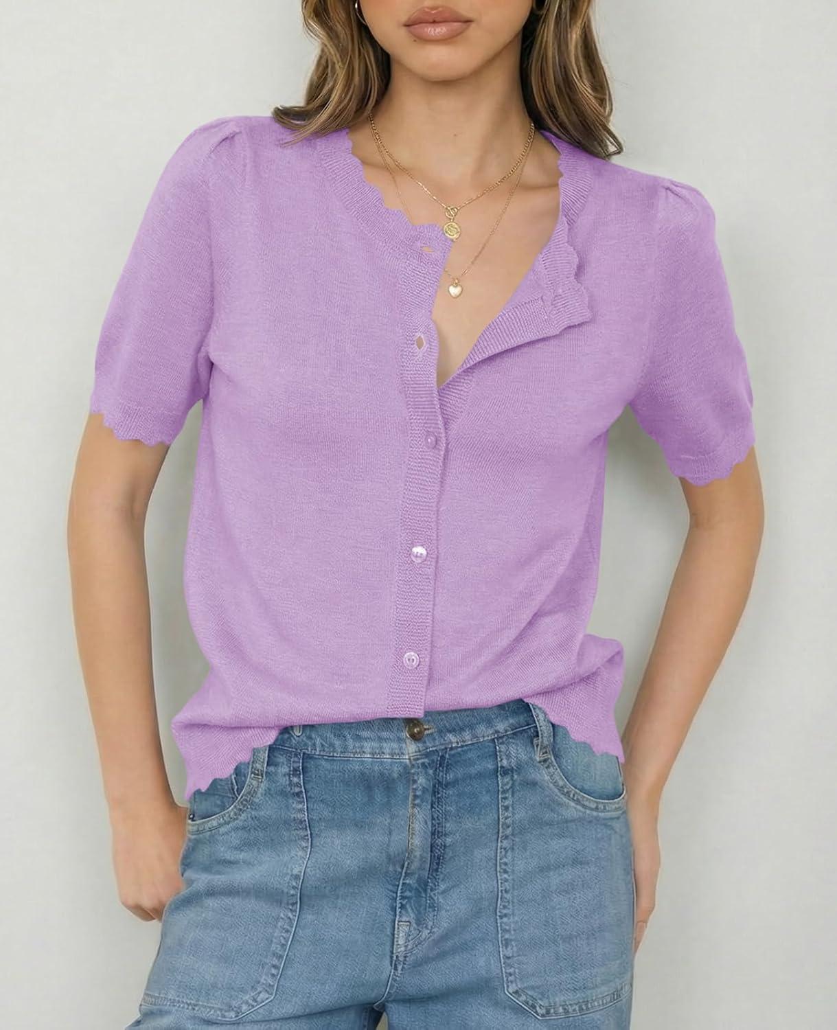 image:imageSaodimallsu Womens Puff Short Sleeve Cardigans Lightweight Button Down Shirts Crew Neck Casual Knit Sweater TopsPurple