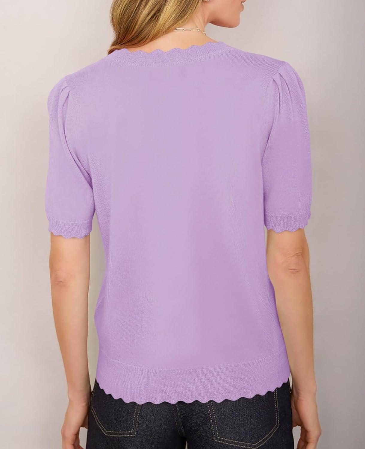 image:imageSaodimallsu Womens Puff Short Sleeve Cardigans Lightweight Button Down Shirts Crew Neck Casual Knit Sweater TopsPurple
