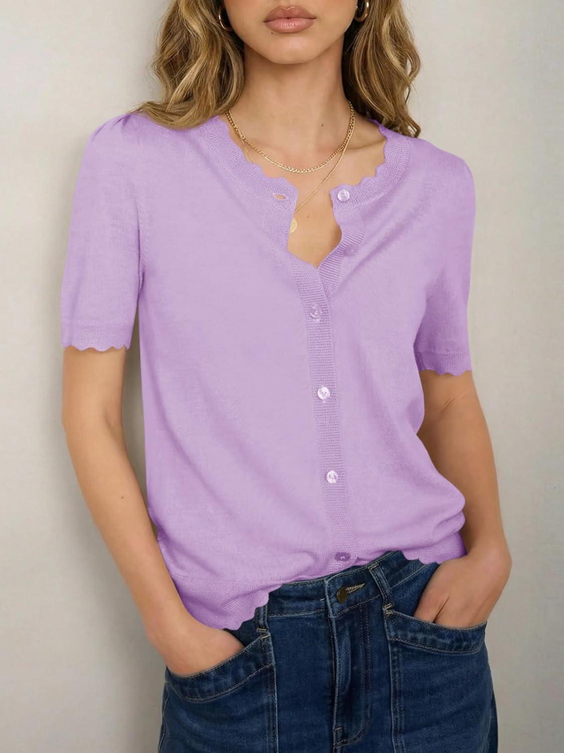 image:imageSaodimallsu Womens Puff Short Sleeve Cardigans Lightweight Button Down Shirts Crew Neck Casual Knit Sweater TopsPurple