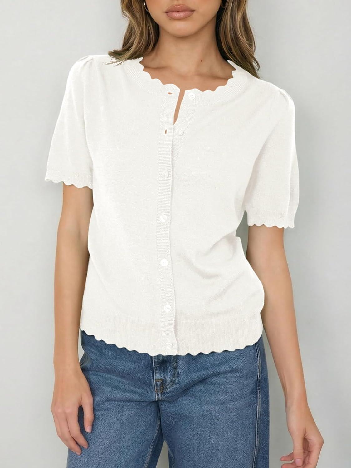 image:imageSaodimallsu Womens Puff Short Sleeve Cardigans Lightweight Button Down Shirts Crew Neck Casual Knit Sweater TopsWhite