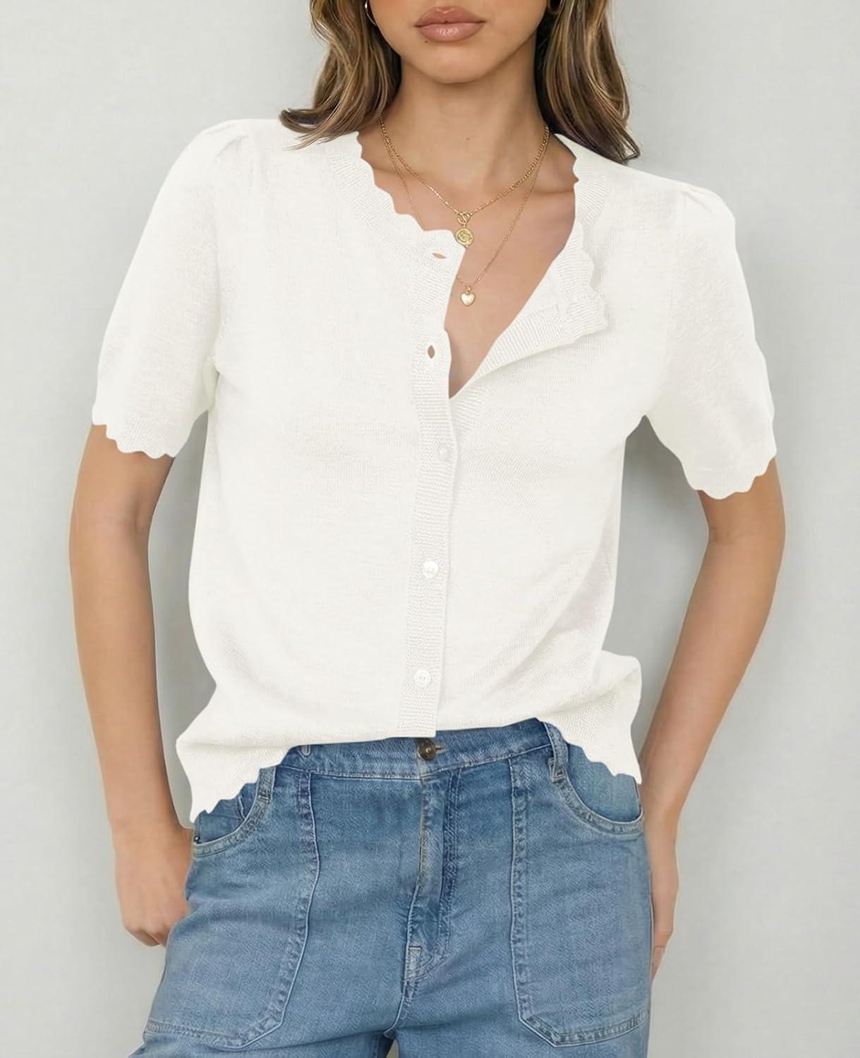 image:imageSaodimallsu Womens Puff Short Sleeve Cardigans Lightweight Button Down Shirts Crew Neck Casual Knit Sweater TopsWhite