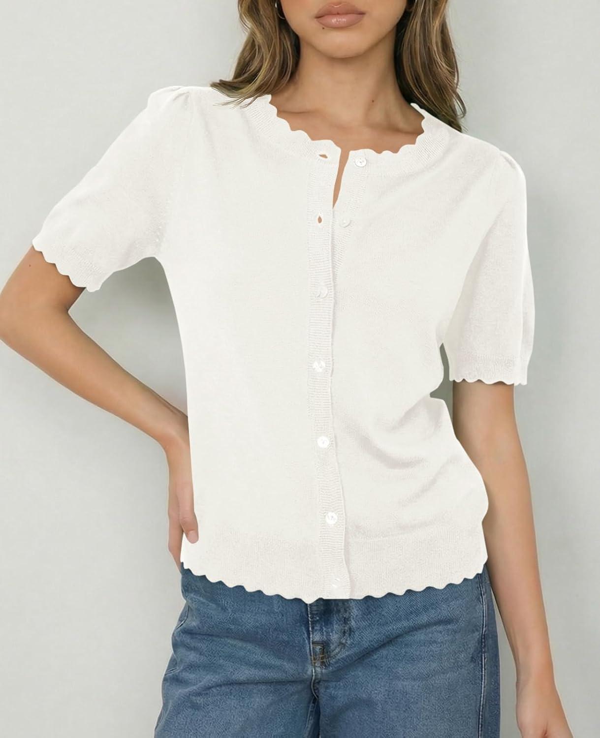 image:imageSaodimallsu Womens Puff Short Sleeve Cardigans Lightweight Button Down Shirts Crew Neck Casual Knit Sweater TopsWhite