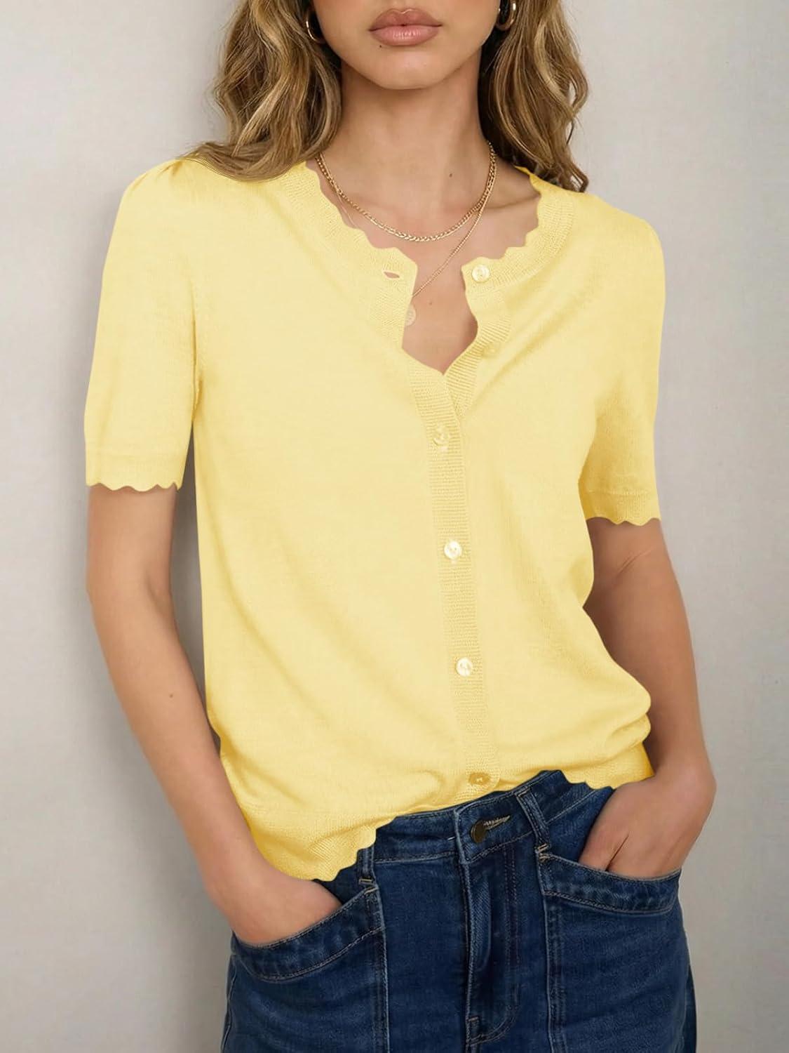 image:imageSaodimallsu Womens Puff Short Sleeve Cardigans Lightweight Button Down Shirts Crew Neck Casual Knit Sweater TopsYellow