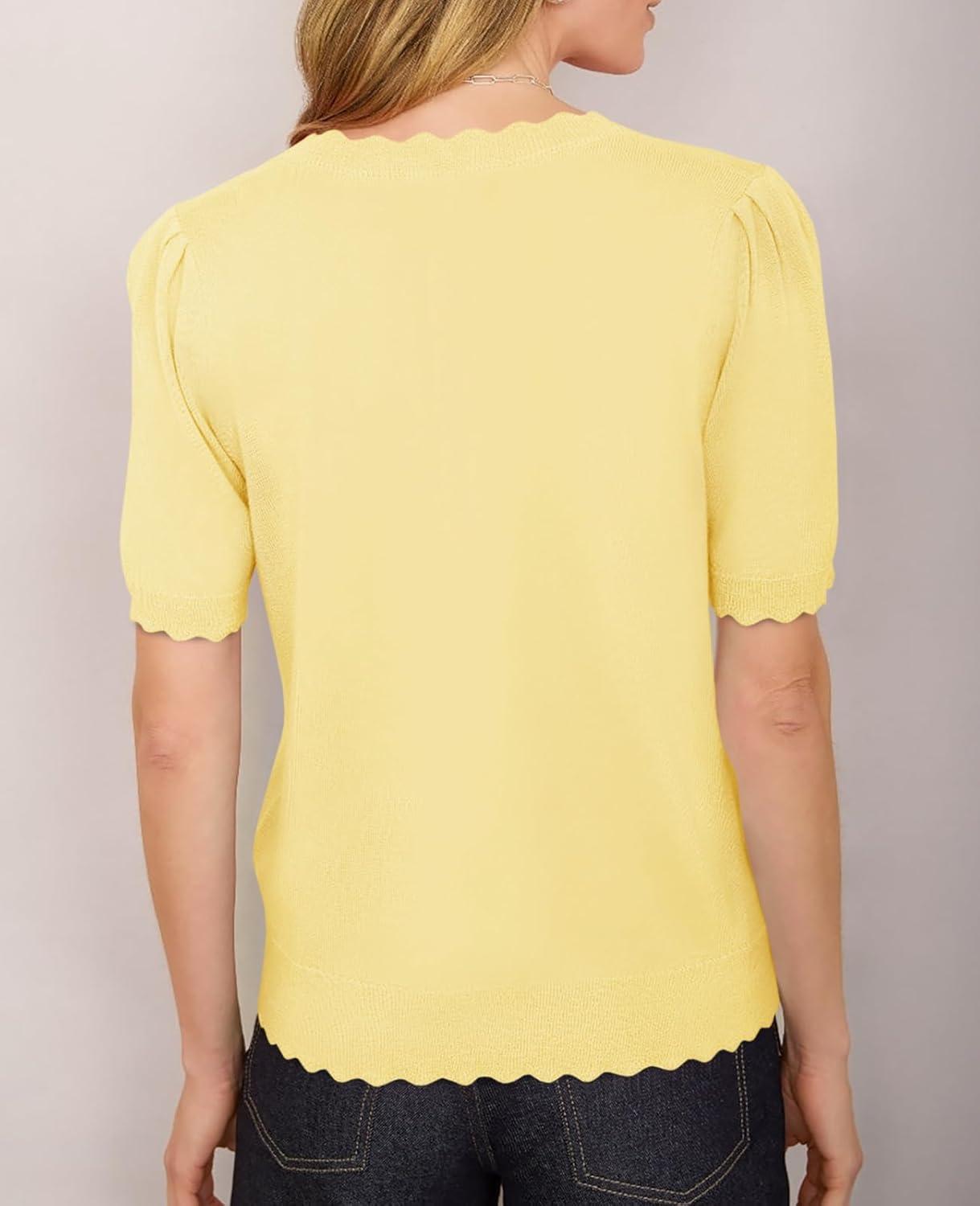 image:imageSaodimallsu Womens Puff Short Sleeve Cardigans Lightweight Button Down Shirts Crew Neck Casual Knit Sweater TopsYellow
