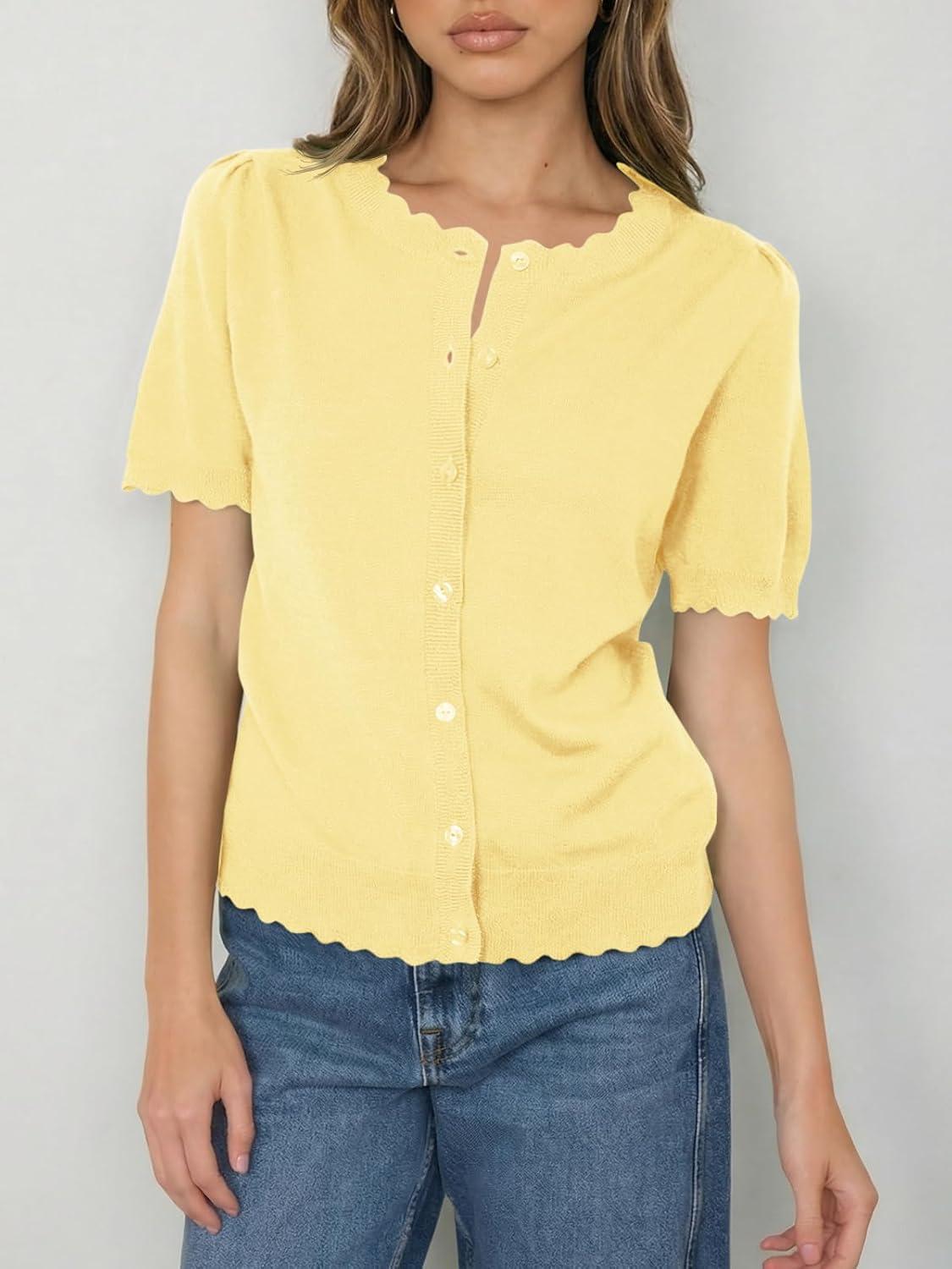 image:imageSaodimallsu Womens Puff Short Sleeve Cardigans Lightweight Button Down Shirts Crew Neck Casual Knit Sweater TopsYellow