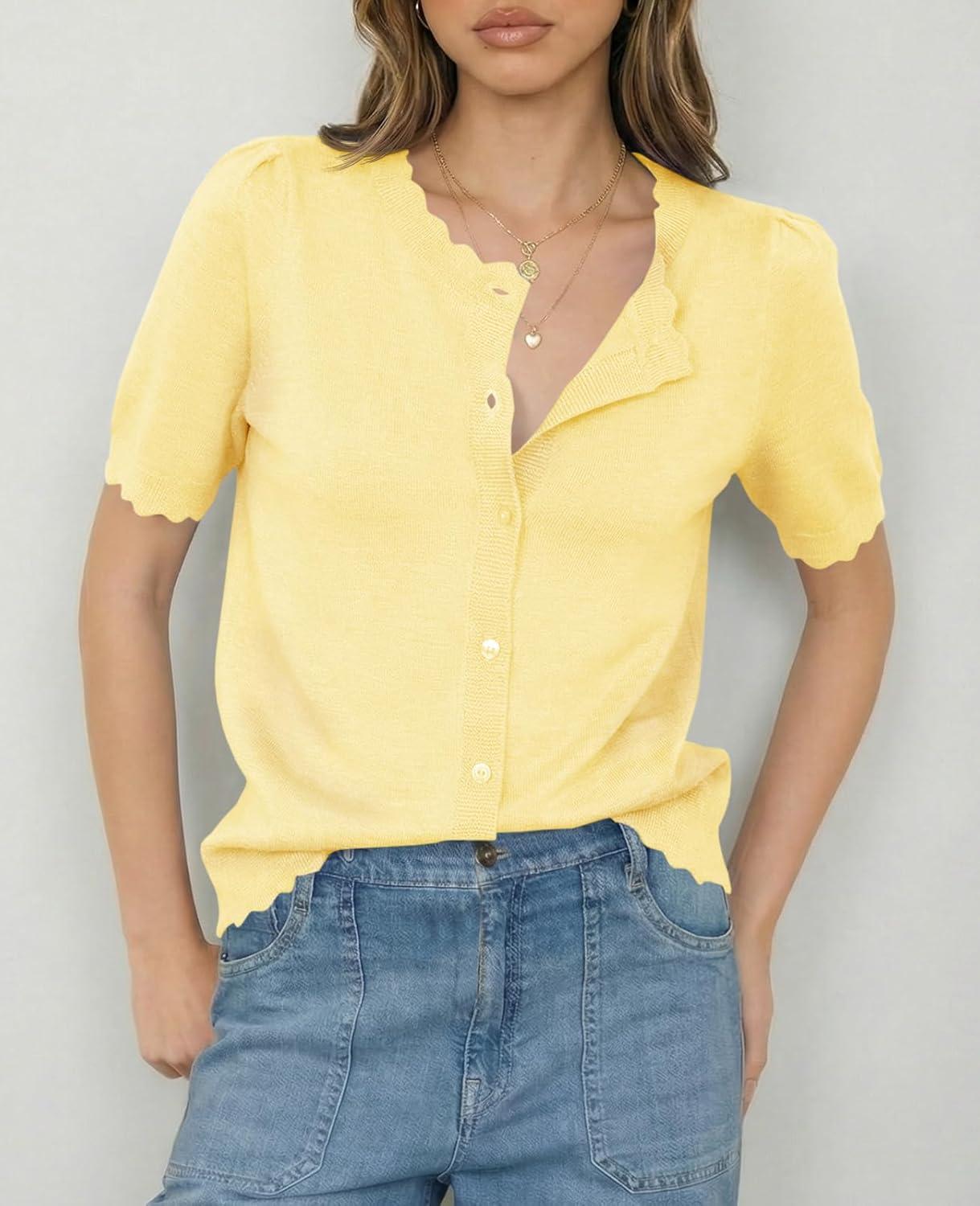 image:imageSaodimallsu Womens Puff Short Sleeve Cardigans Lightweight Button Down Shirts Crew Neck Casual Knit Sweater TopsYellow