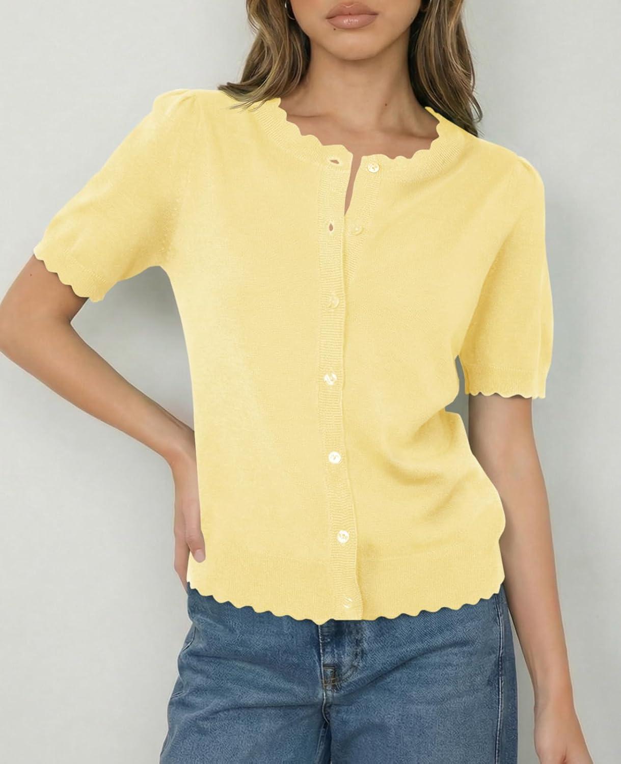 image:imageSaodimallsu Womens Puff Short Sleeve Cardigans Lightweight Button Down Shirts Crew Neck Casual Knit Sweater TopsYellow