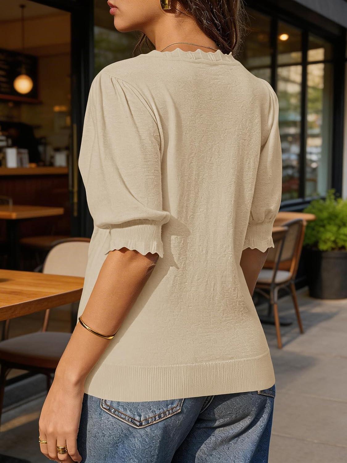 image:imageSaodimallsu Womens Puff Short Sleeve Sweater Tops V Neck Ruffle Trendy Casual Knit Pullover T Shirts BlousesBeige