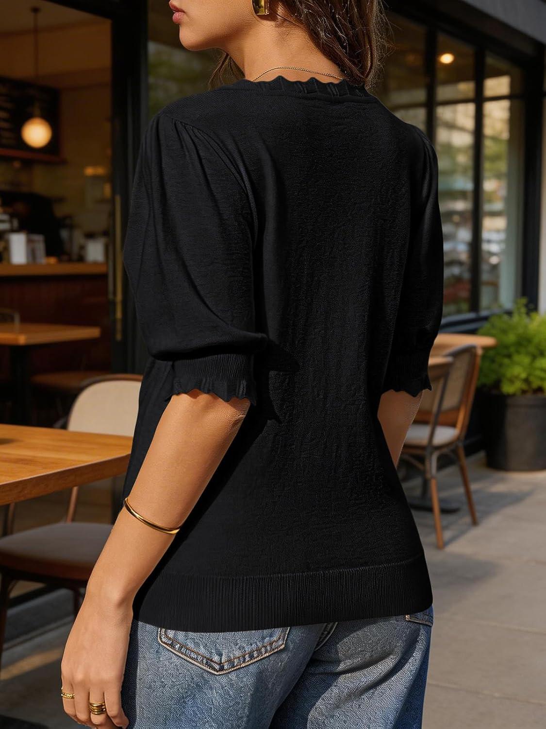 image:imageSaodimallsu Womens Puff Short Sleeve Sweater Tops V Neck Ruffle Trendy Casual Knit Pullover T Shirts BlousesBlack