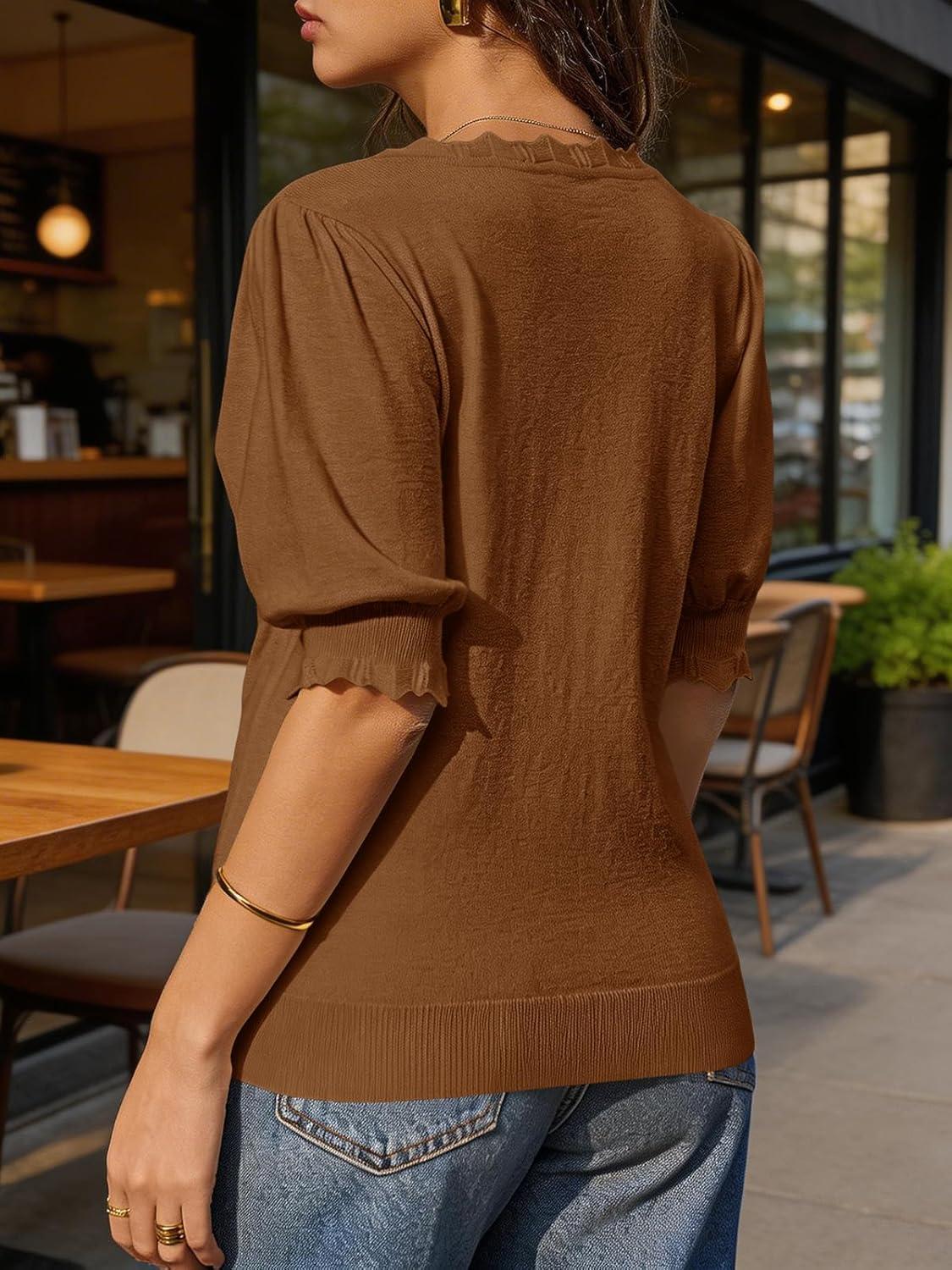 image:imageSaodimallsu Womens Puff Short Sleeve Sweater Tops V Neck Ruffle Trendy Casual Knit Pullover T Shirts BlousesCoffee