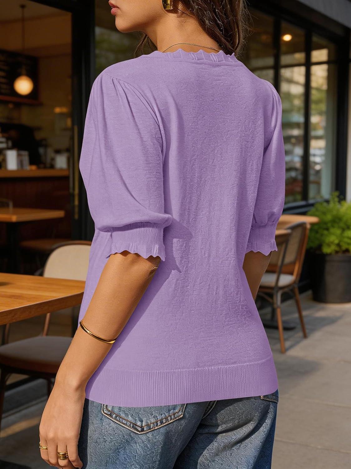 image:imageSaodimallsu Womens Puff Short Sleeve Sweater Tops V Neck Ruffle Trendy Casual Knit Pullover T Shirts BlousesPurple