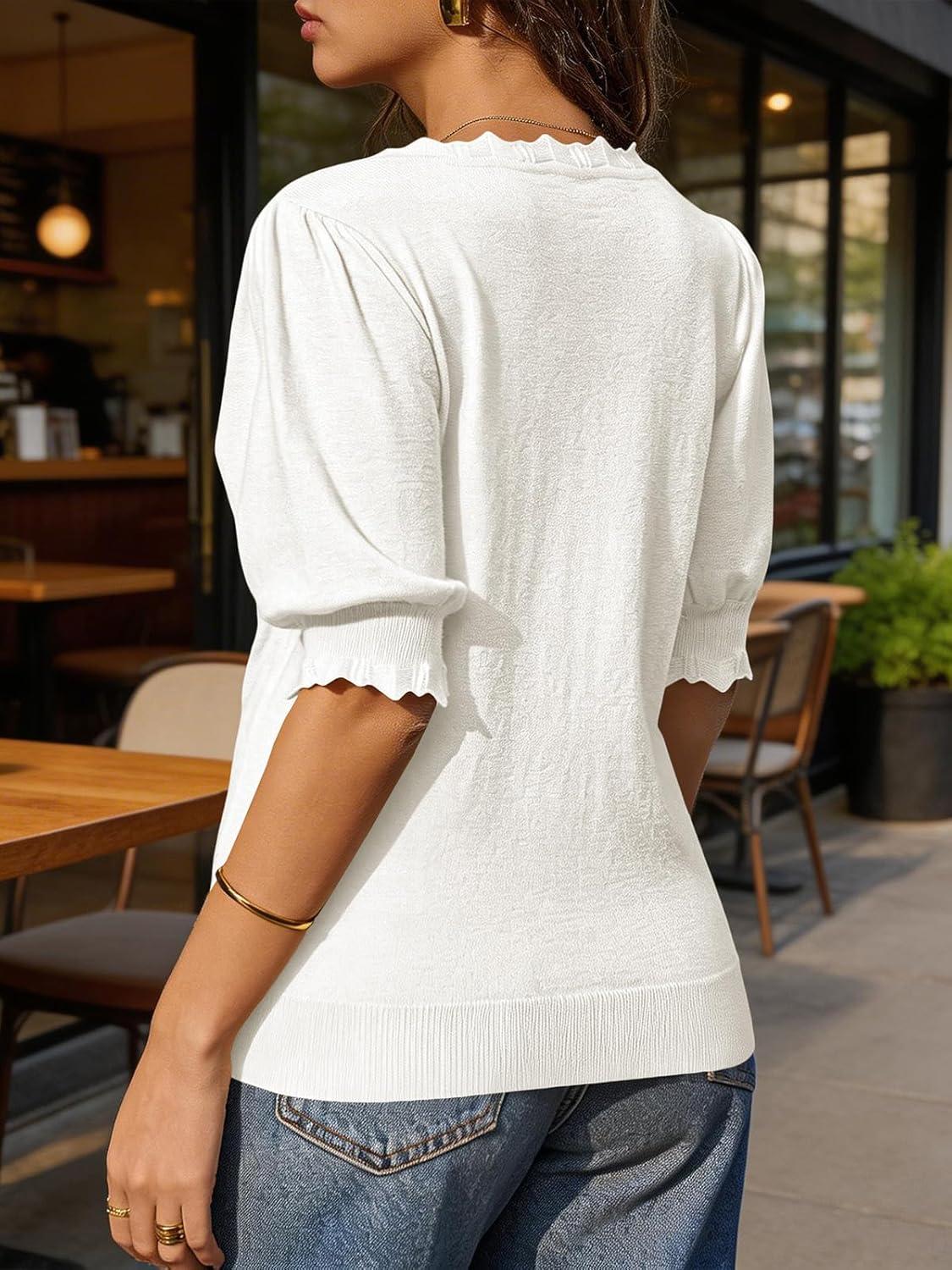 image:imageSaodimallsu Womens Puff Short Sleeve Sweater Tops V Neck Ruffle Trendy Casual Knit Pullover T Shirts BlousesWhite