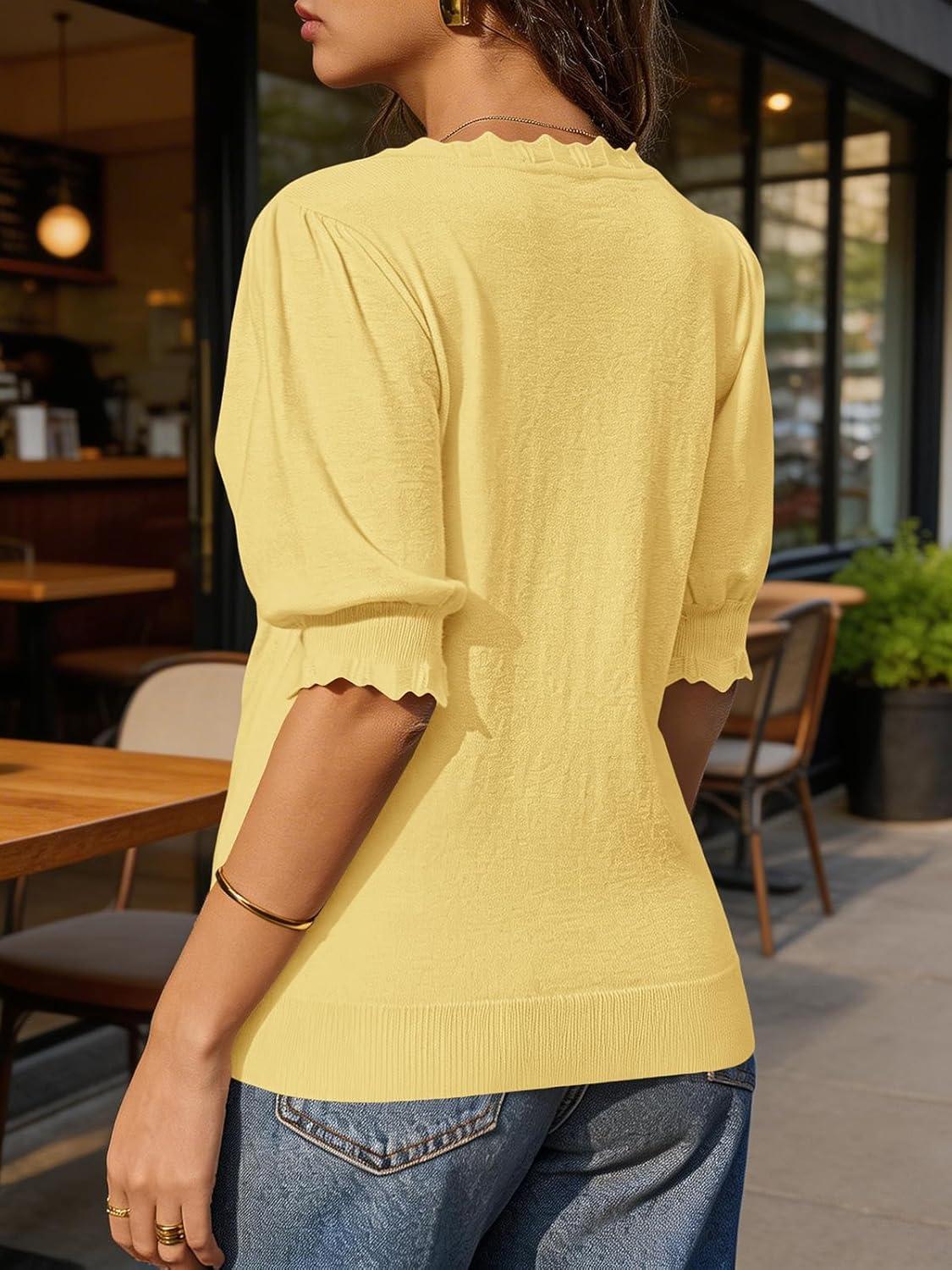 image:imageSaodimallsu Womens Puff Short Sleeve Sweater Tops V Neck Ruffle Trendy Casual Knit Pullover T Shirts BlousesYellow
