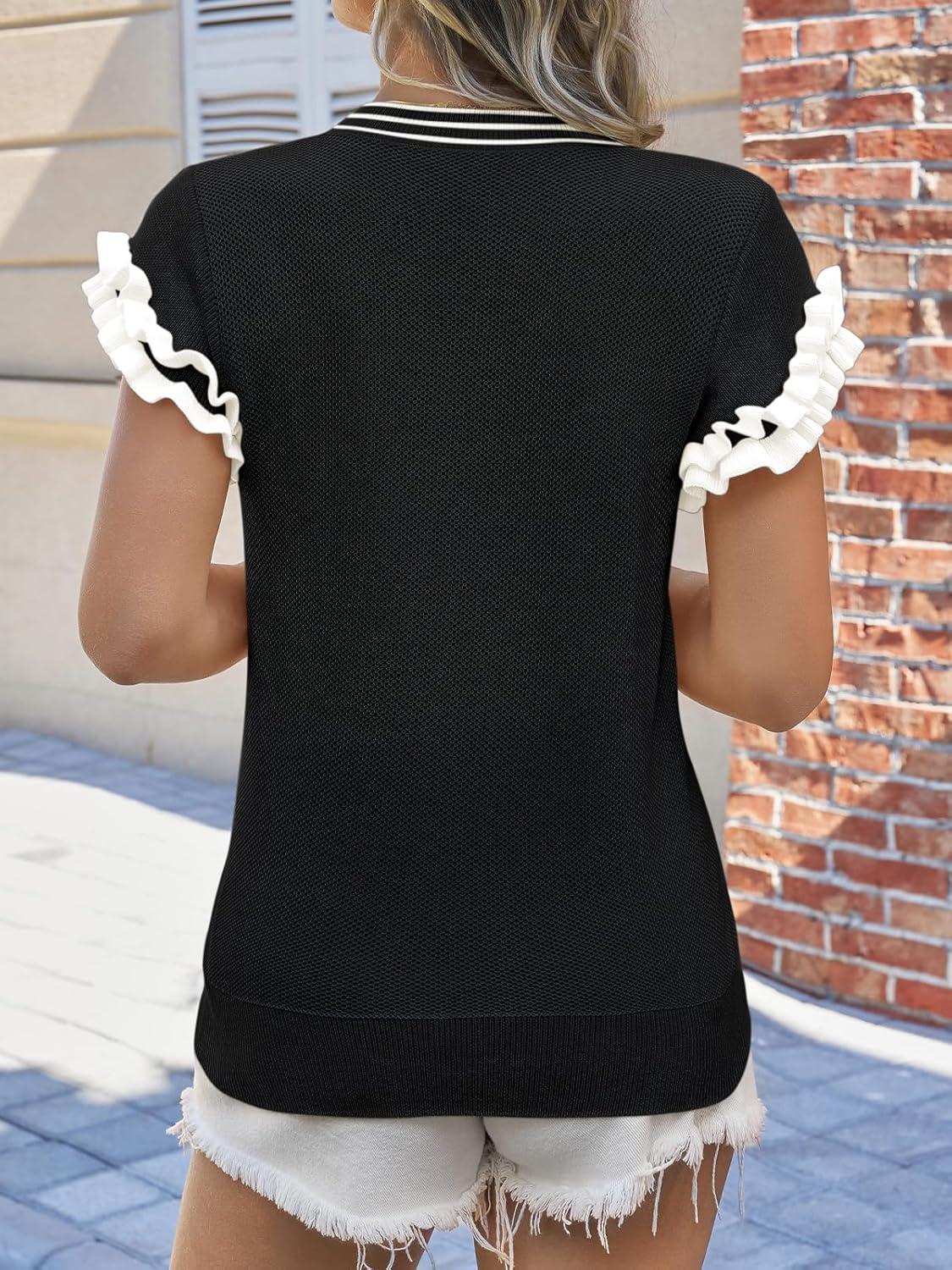 image:imageSaodimallsu Womens Ruffle Short Sleeve Sweaters Casual Crew Neck Color Block Loose Knit Summer Trendy Pullover TopsBlack