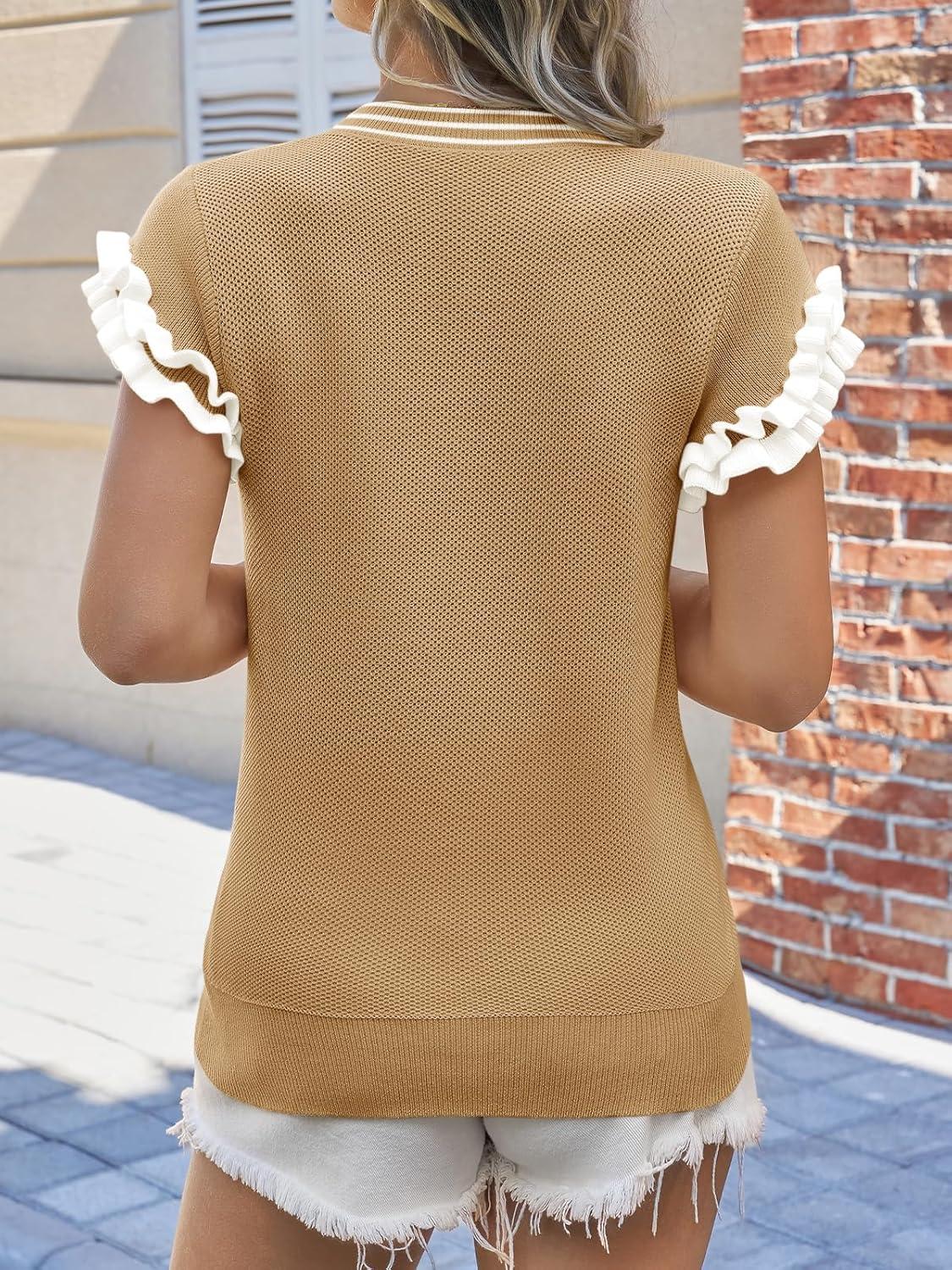 image:imageSaodimallsu Womens Ruffle Short Sleeve Sweaters Casual Crew Neck Color Block Loose Knit Summer Trendy Pullover TopsKhaki