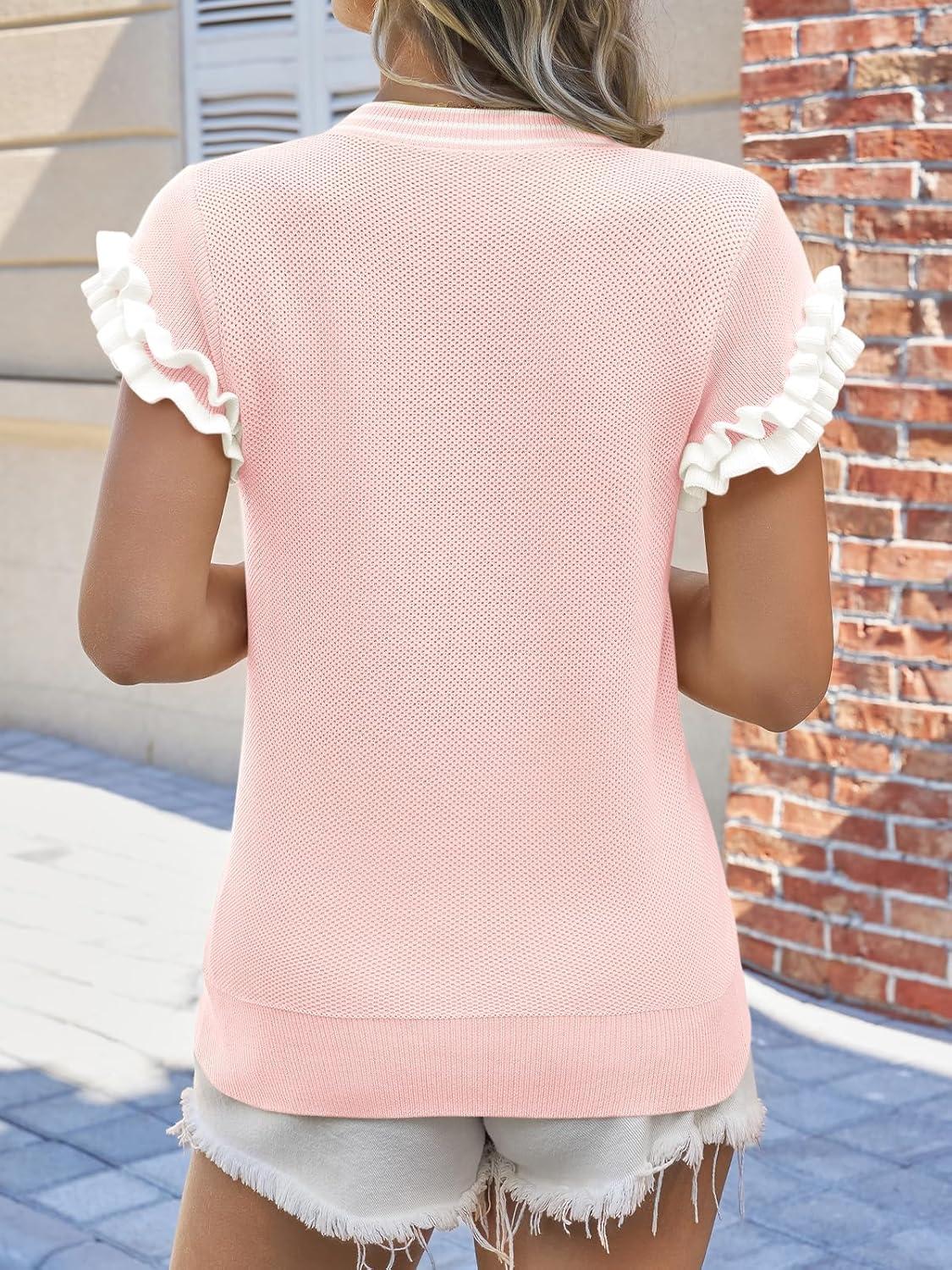 image:imageSaodimallsu Womens Ruffle Short Sleeve Sweaters Casual Crew Neck Color Block Loose Knit Summer Trendy Pullover TopsPink