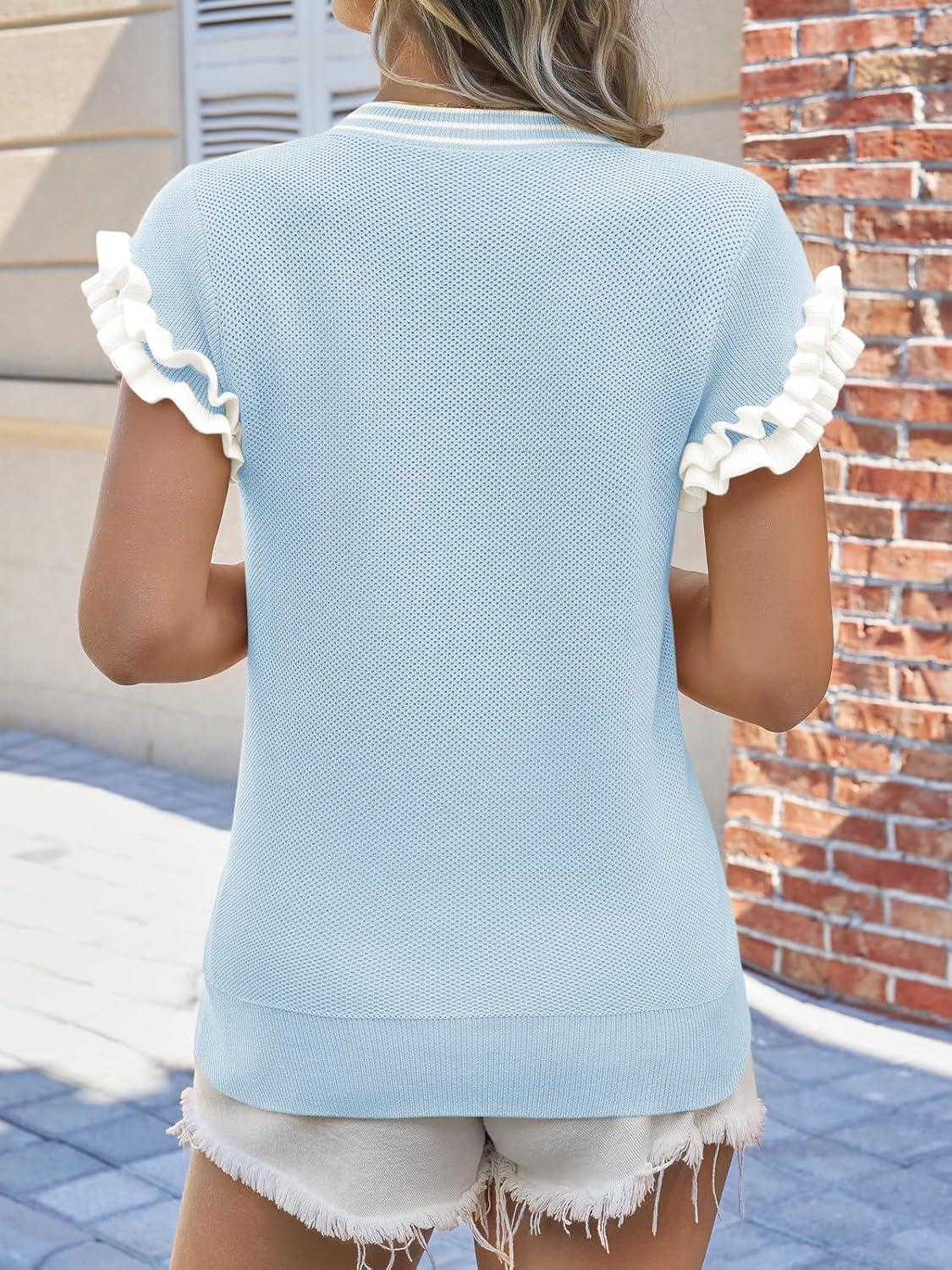 image:imageSaodimallsu Womens Ruffle Short Sleeve Sweaters Casual Crew Neck Color Block Loose Knit Summer Trendy Pullover TopsSky Blue