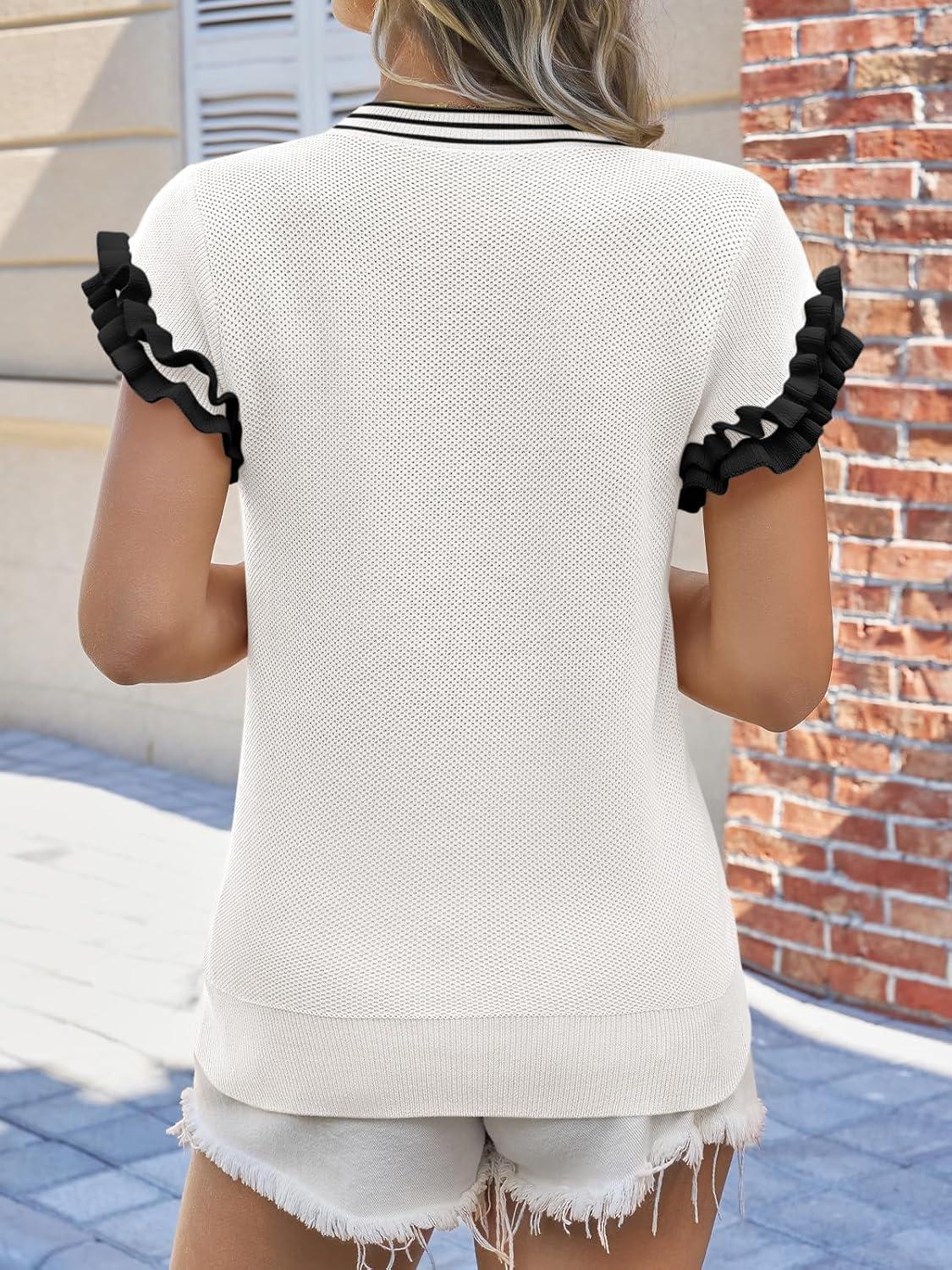 image:imageSaodimallsu Womens Ruffle Short Sleeve Sweaters Casual Crew Neck Color Block Loose Knit Summer Trendy Pullover TopsWhite