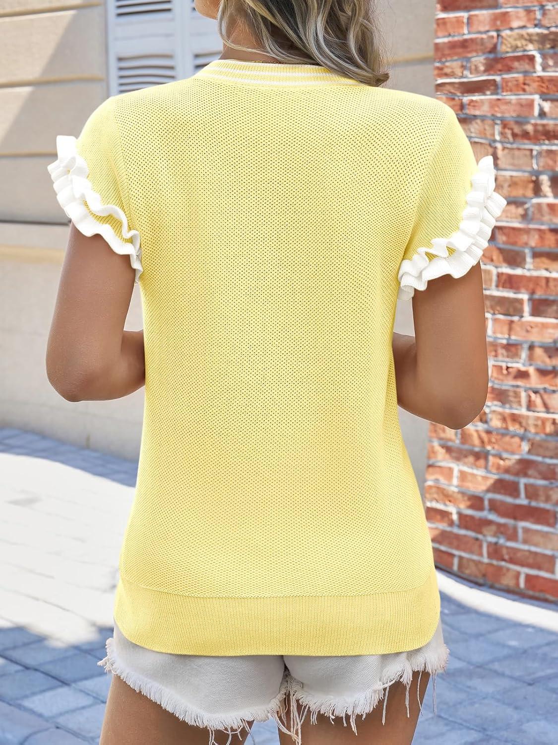 image:imageSaodimallsu Womens Ruffle Short Sleeve Sweaters Casual Crew Neck Color Block Loose Knit Summer Trendy Pullover TopsYellow