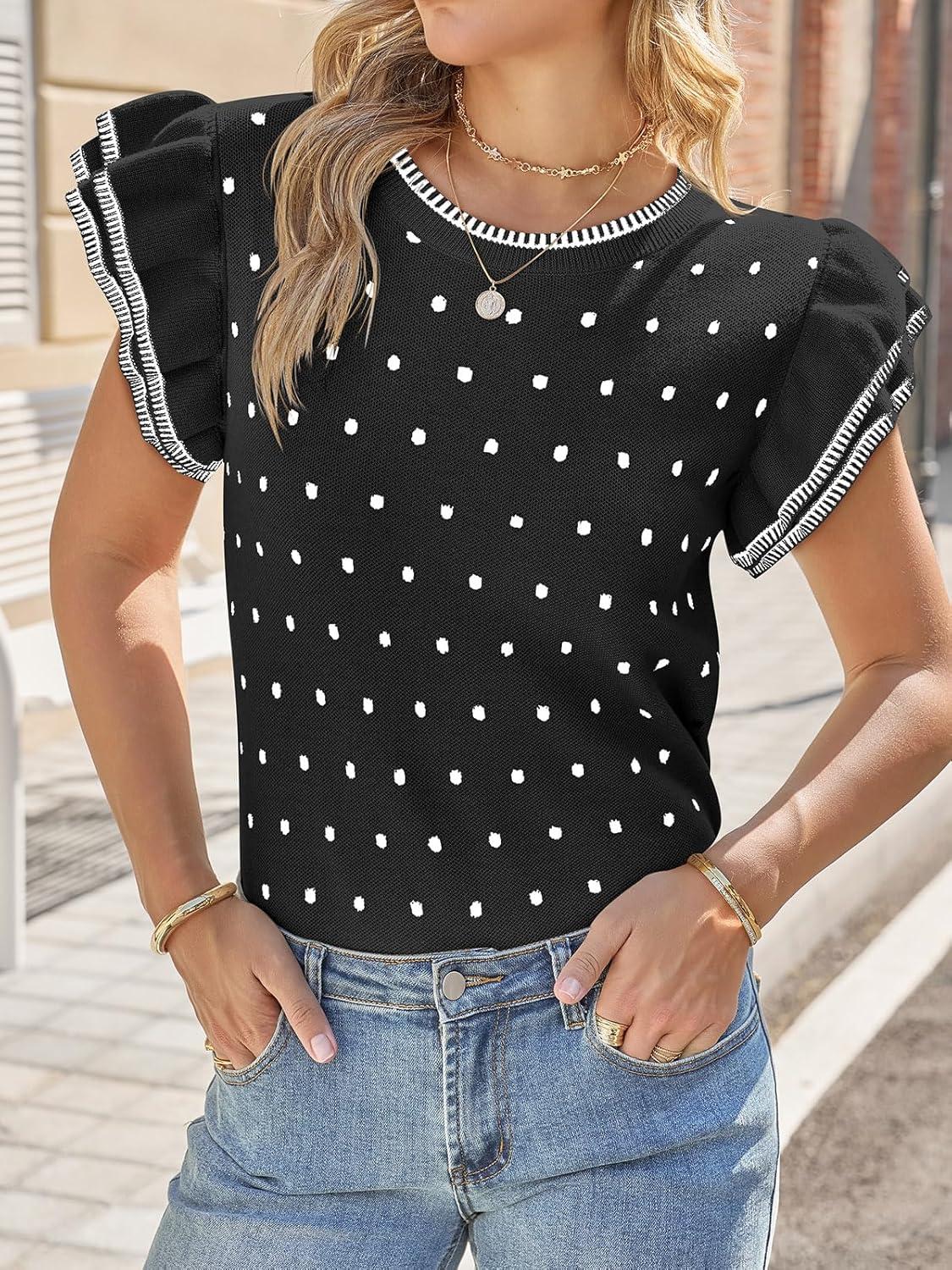 image:imageSaodimallsu Womens Ruffle Short Sleeve Sweaters Polka Dots Casual Crew Neck Flutter Sleeve Knit Summer TopsBlack