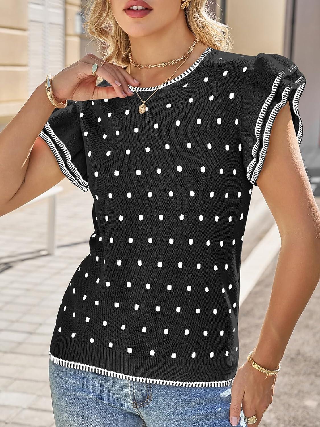 image:imageSaodimallsu Womens Ruffle Short Sleeve Sweaters Polka Dots Casual Crew Neck Flutter Sleeve Knit Summer TopsBlack