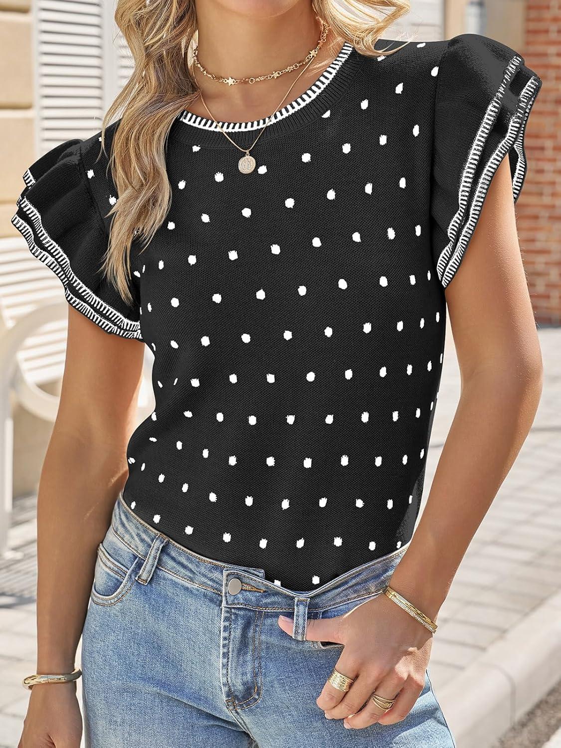 image:imageSaodimallsu Womens Ruffle Short Sleeve Sweaters Polka Dots Casual Crew Neck Flutter Sleeve Knit Summer TopsBlack
