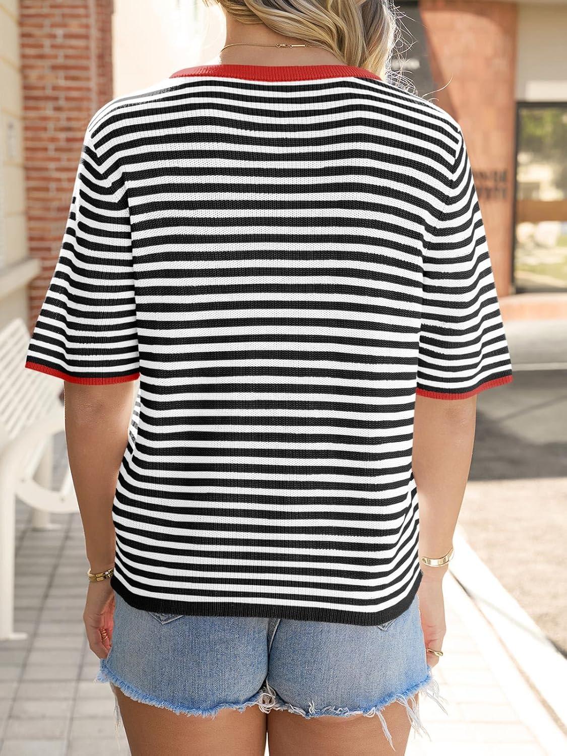 image:imageSaodimallsu Womens Short Sleeve Cardigans Lightweight Striped Button Down Crew Neck Spring Summer Sweater TopsBlack