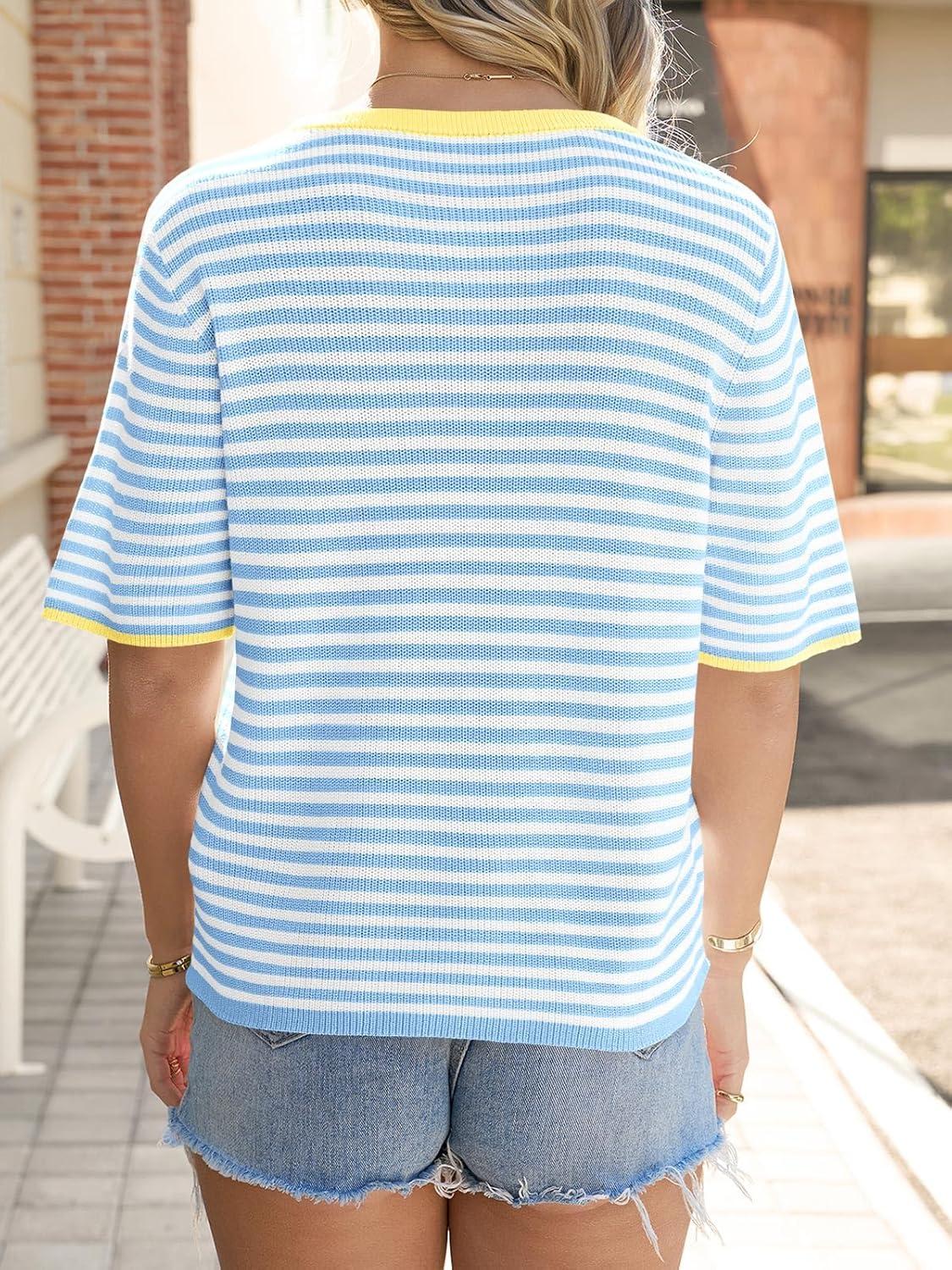 image:imageSaodimallsu Womens Short Sleeve Cardigans Lightweight Striped Button Down Crew Neck Spring Summer Sweater TopsBlue