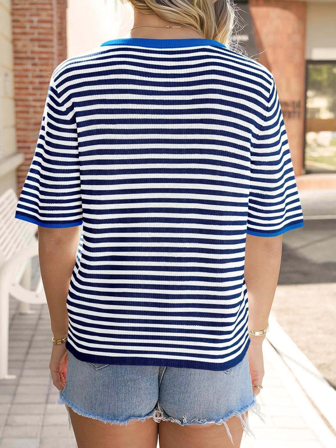 image:imageSaodimallsu Womens Short Sleeve Cardigans Lightweight Striped Button Down Crew Neck Spring Summer Sweater TopsDark Blue