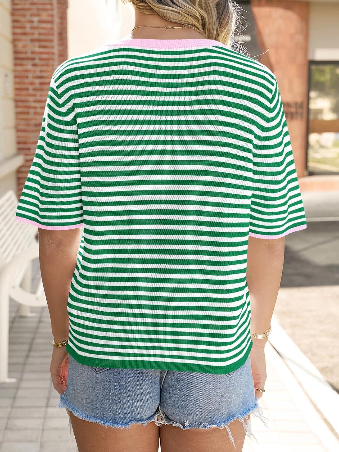 image:imageSaodimallsu Womens Short Sleeve Cardigans Lightweight Striped Button Down Crew Neck Spring Summer Sweater TopsGreen
